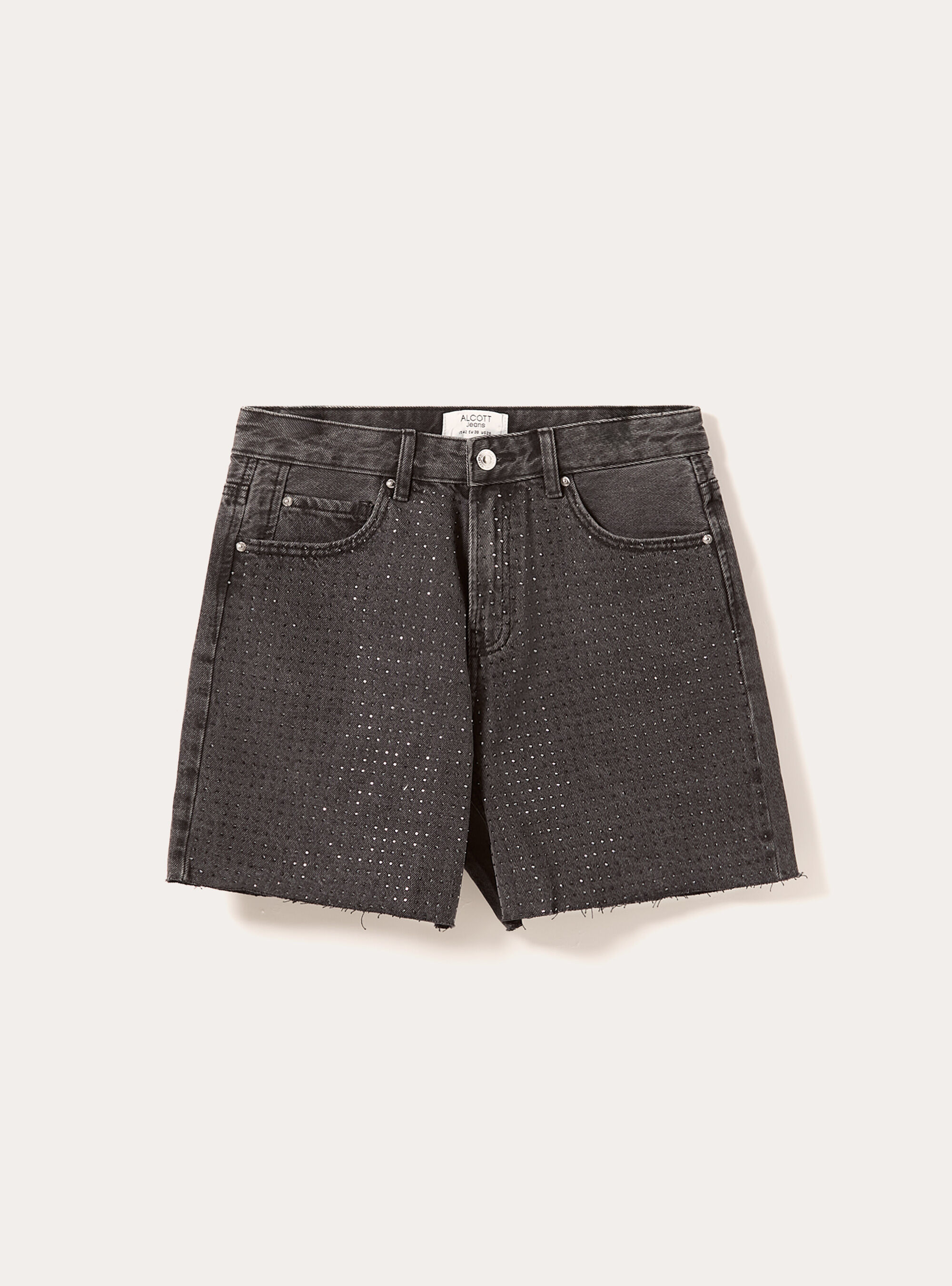 Longline denim shorts with rhinestones, D000 BLACK