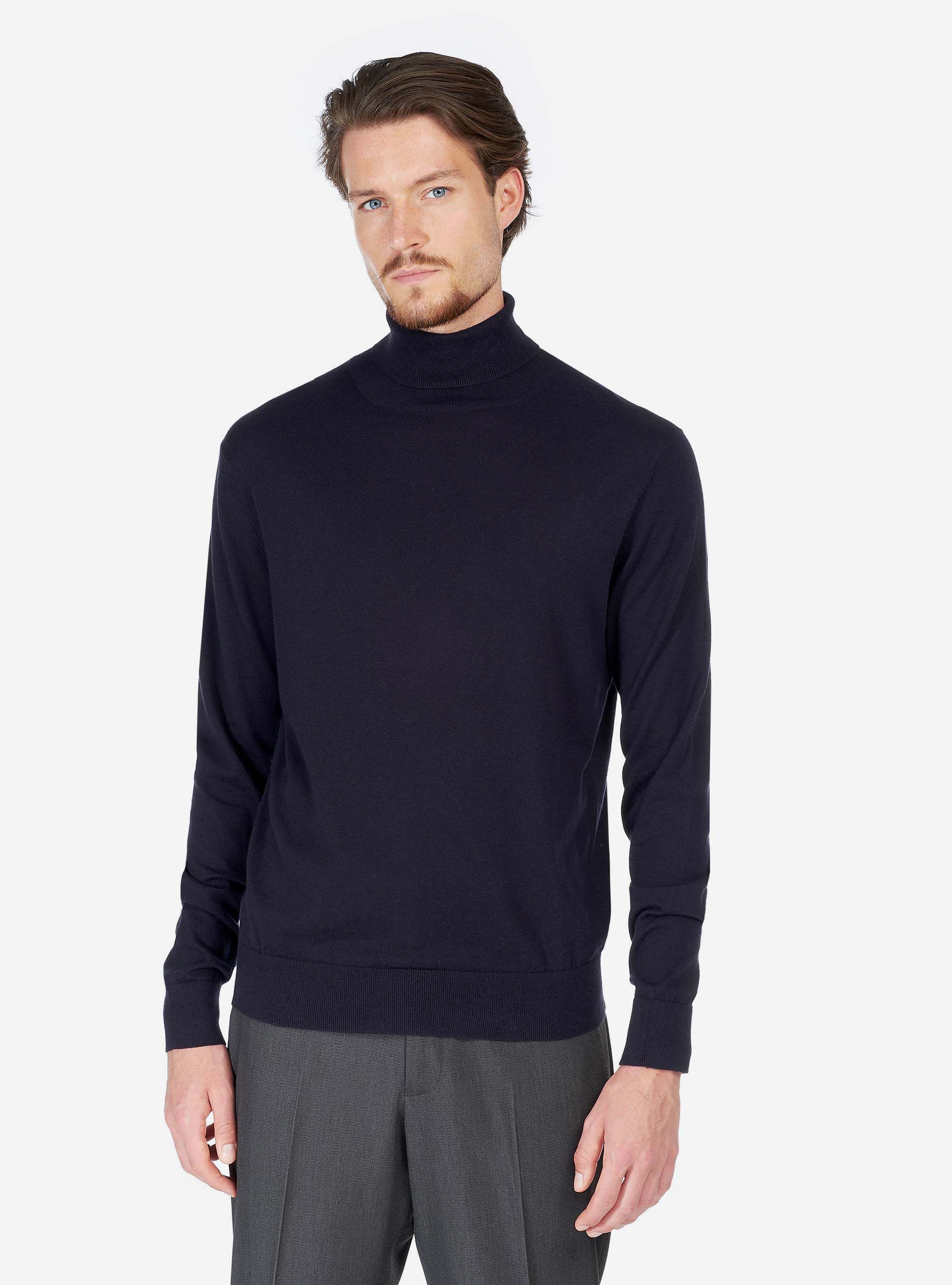 Maglia collo alto in misto cashmere, BLU MARINO