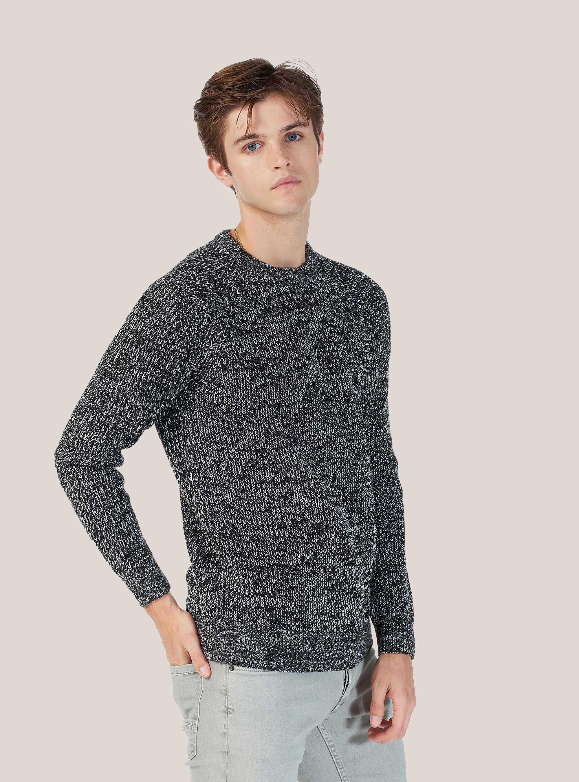 RIB KINT ROUND NECK PULLOVER, CREAM/BLACK