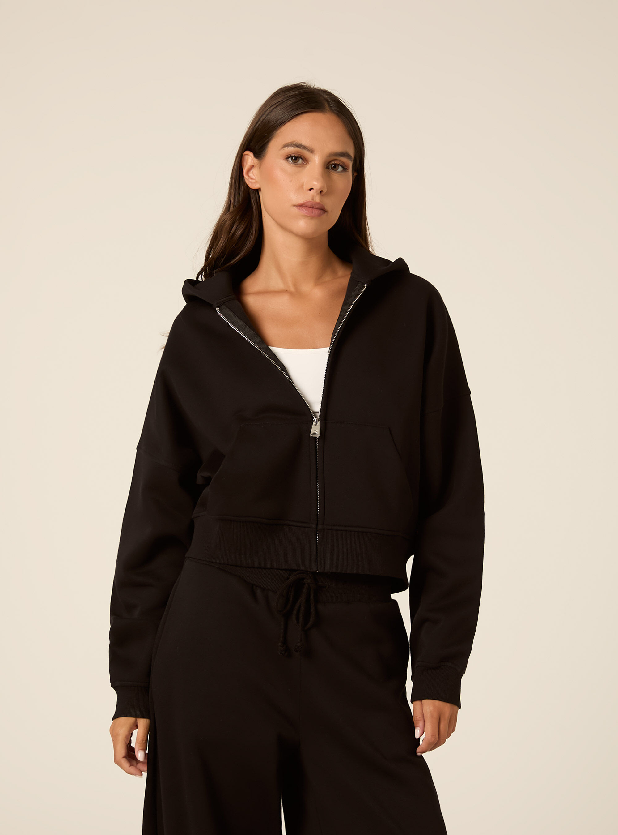 Cropped zip through hoodie with pockets, BK1 BLACK