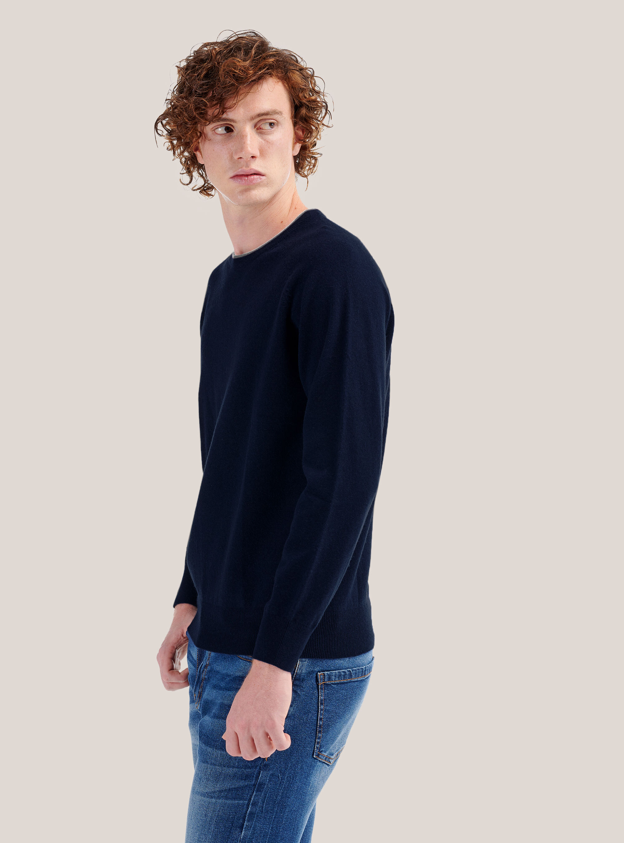 Round neck sweater with contrasting border, BLUE NAVY