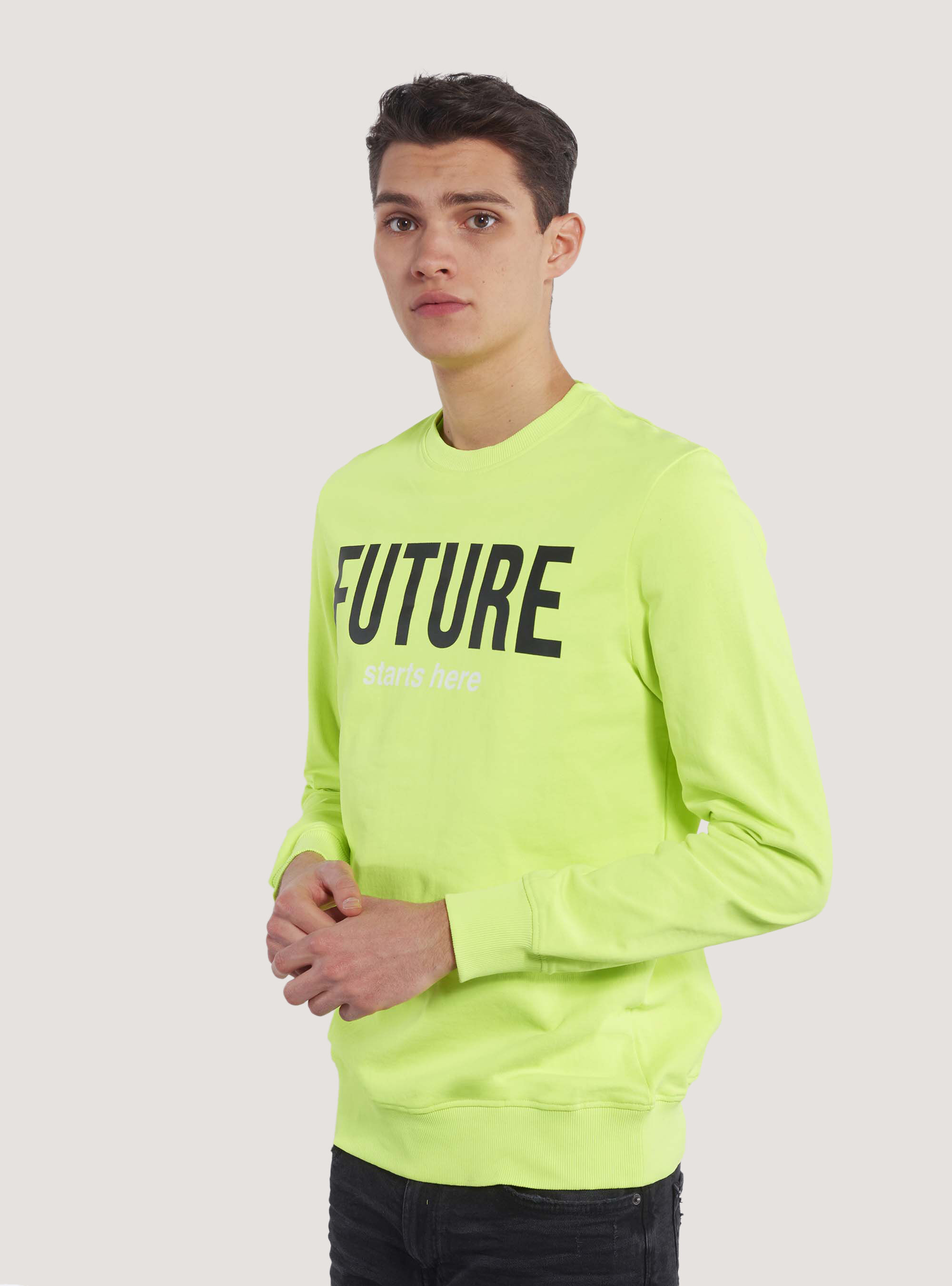 Felpa girocollo fluo con slogan stampato, GIALLO