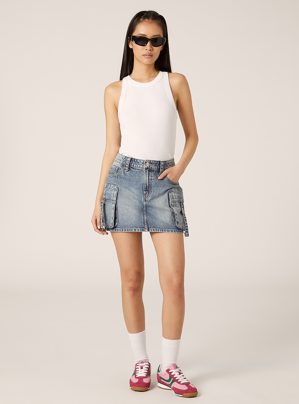 Gonna cargo in denim con fascette