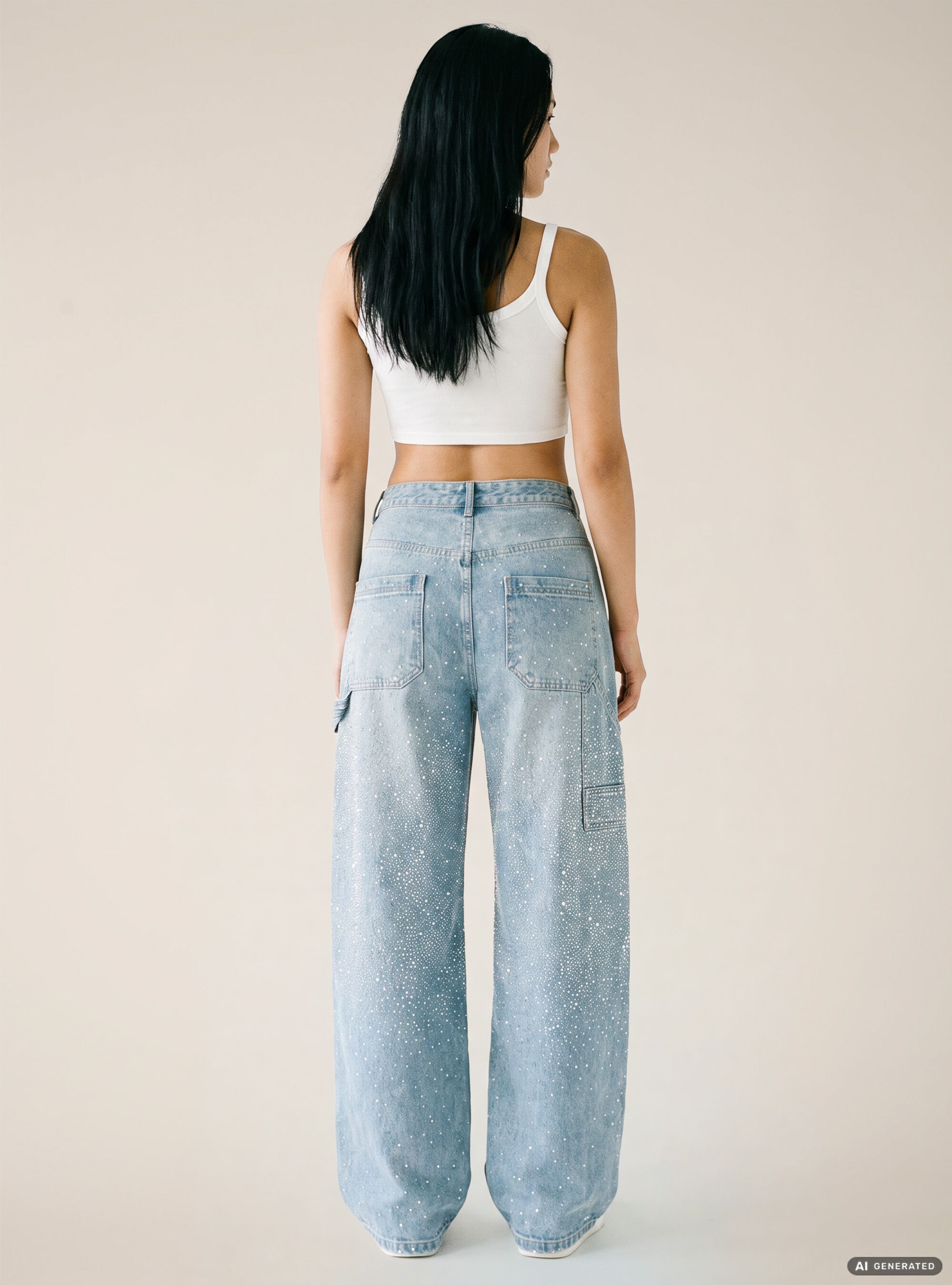 Jeans baggy carpenter avec strass, D006 AZURE