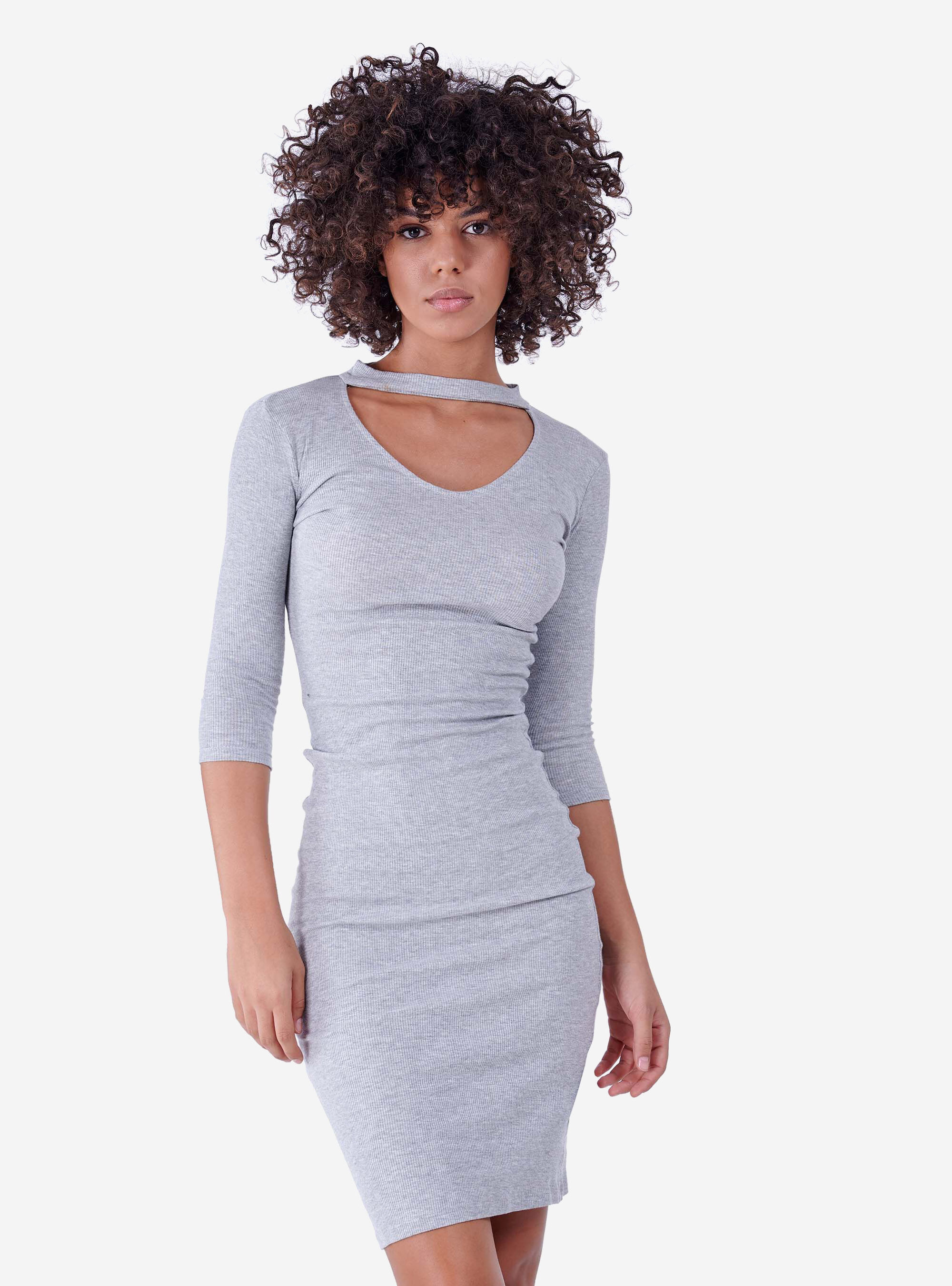 MIDI DRESS WITH OPEN NECKLINE, LIGHT GREY MELANGE