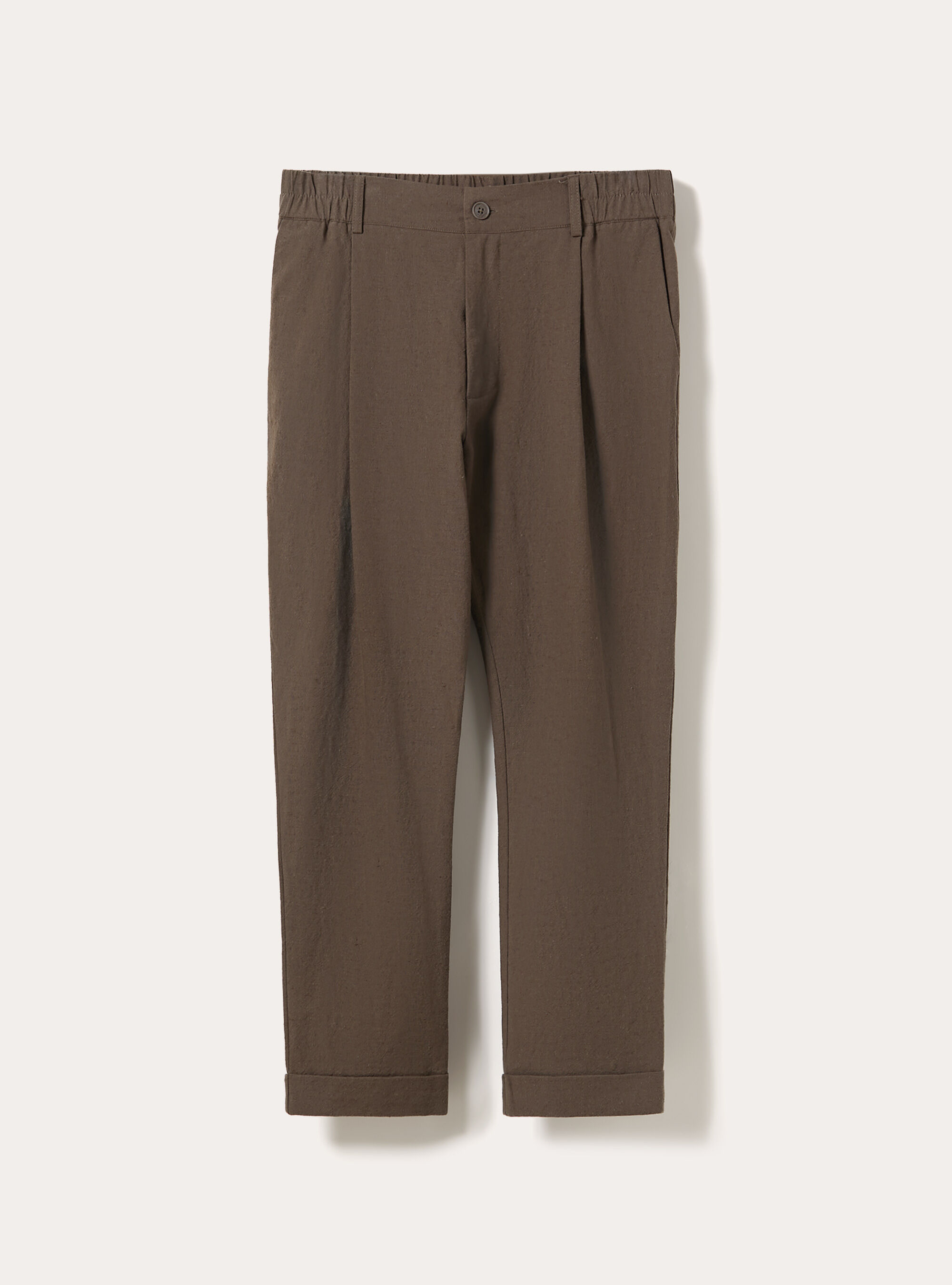 Pantalone con elastico in vita in misto lino, MBR2 BROWN MEL MED