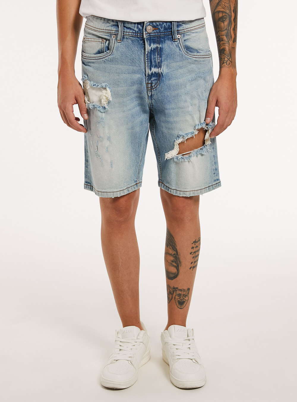 Stretch denim slim fit bermuda shorts with rips