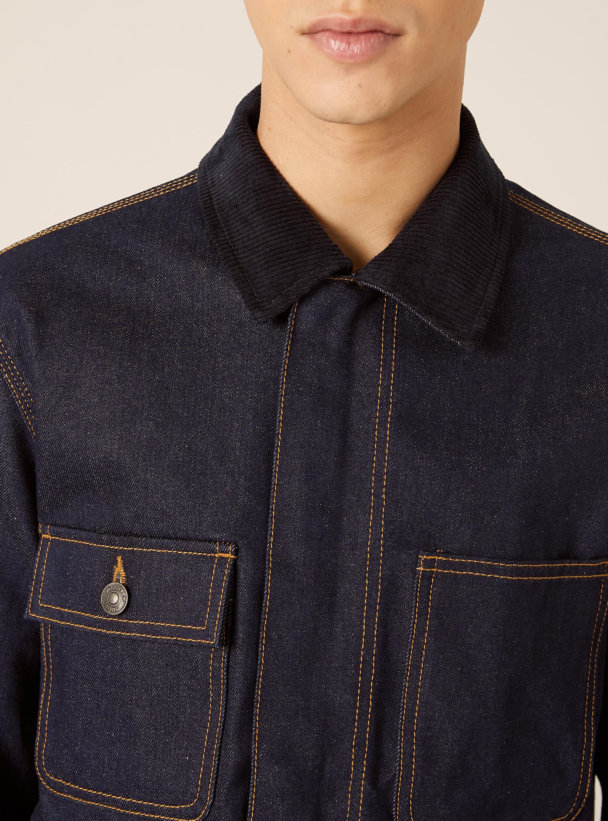 Giubbino in denim con collo in velluto e tasconi, D001 DEEP BLUE