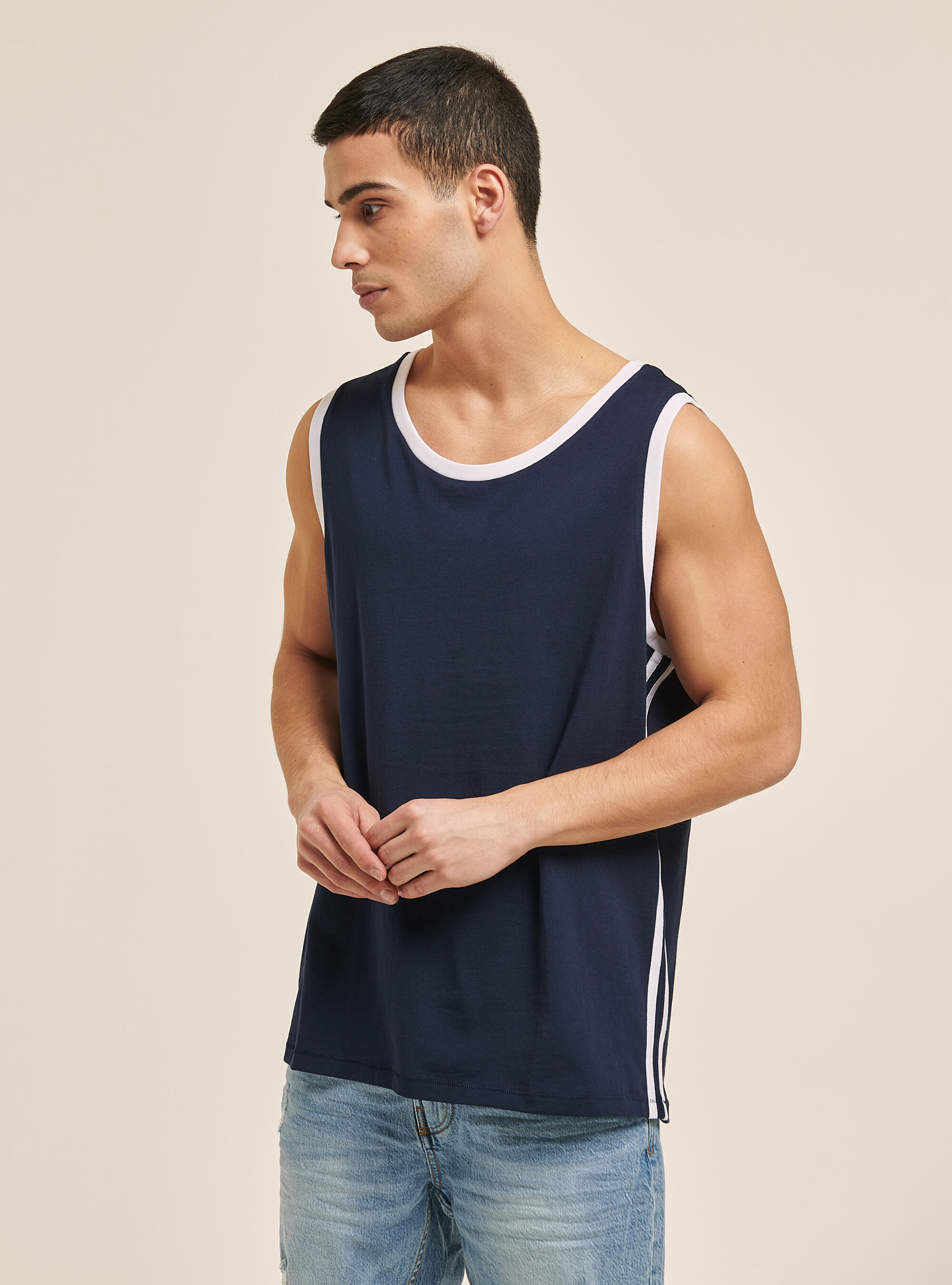 Canotta in cotone con bande laterali, BLU