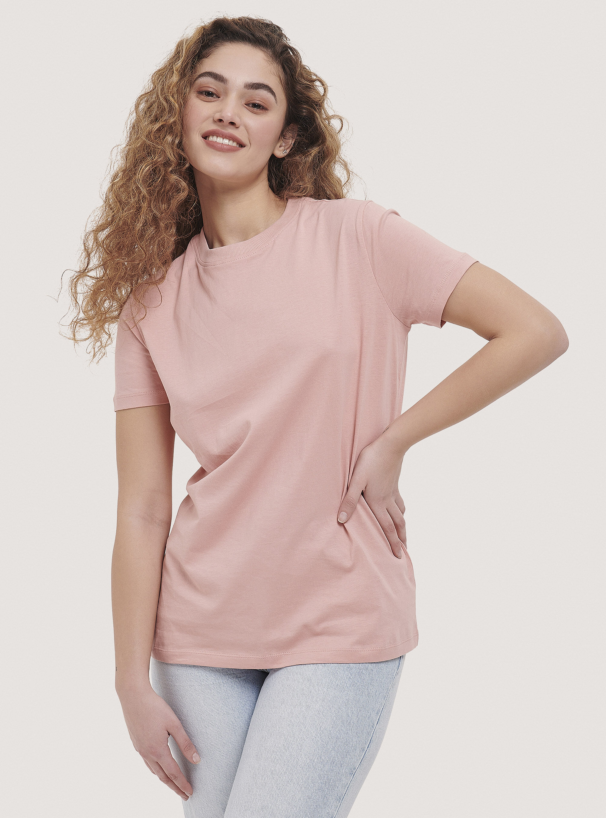 Camiseta b&aacute;sica de algod&oacute;n con cuello redondo, ROSA
