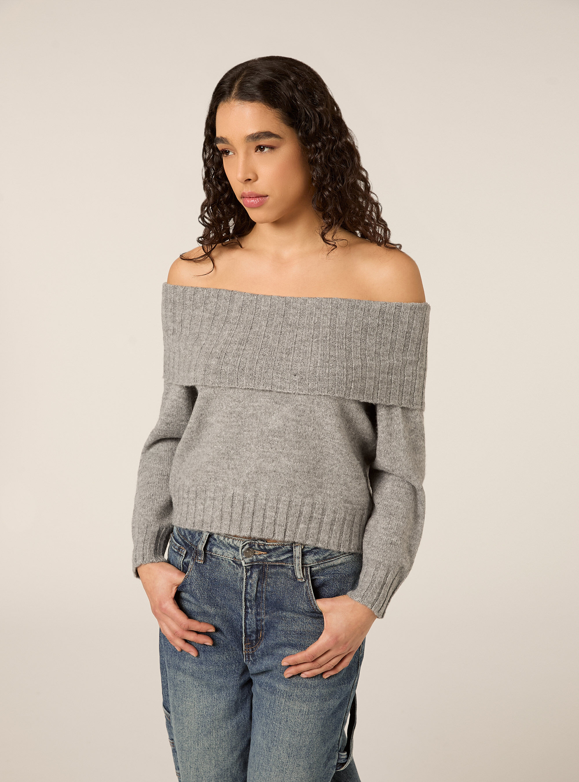 Maglia con spalle scoperte bardot, MGY2 GREY MEL MEDIUM