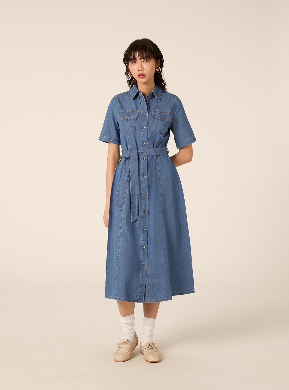 hi low denim shirt dress H005X-DENIM Plus Size High-Low Denim Shirt Dress Self Belt
