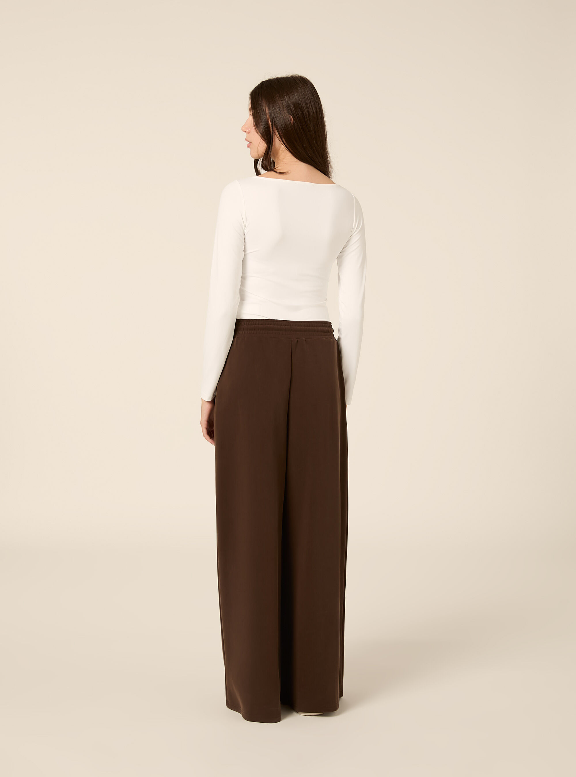 Pantaloni wide leg con pence in scuba, BR1 BROWN DARK