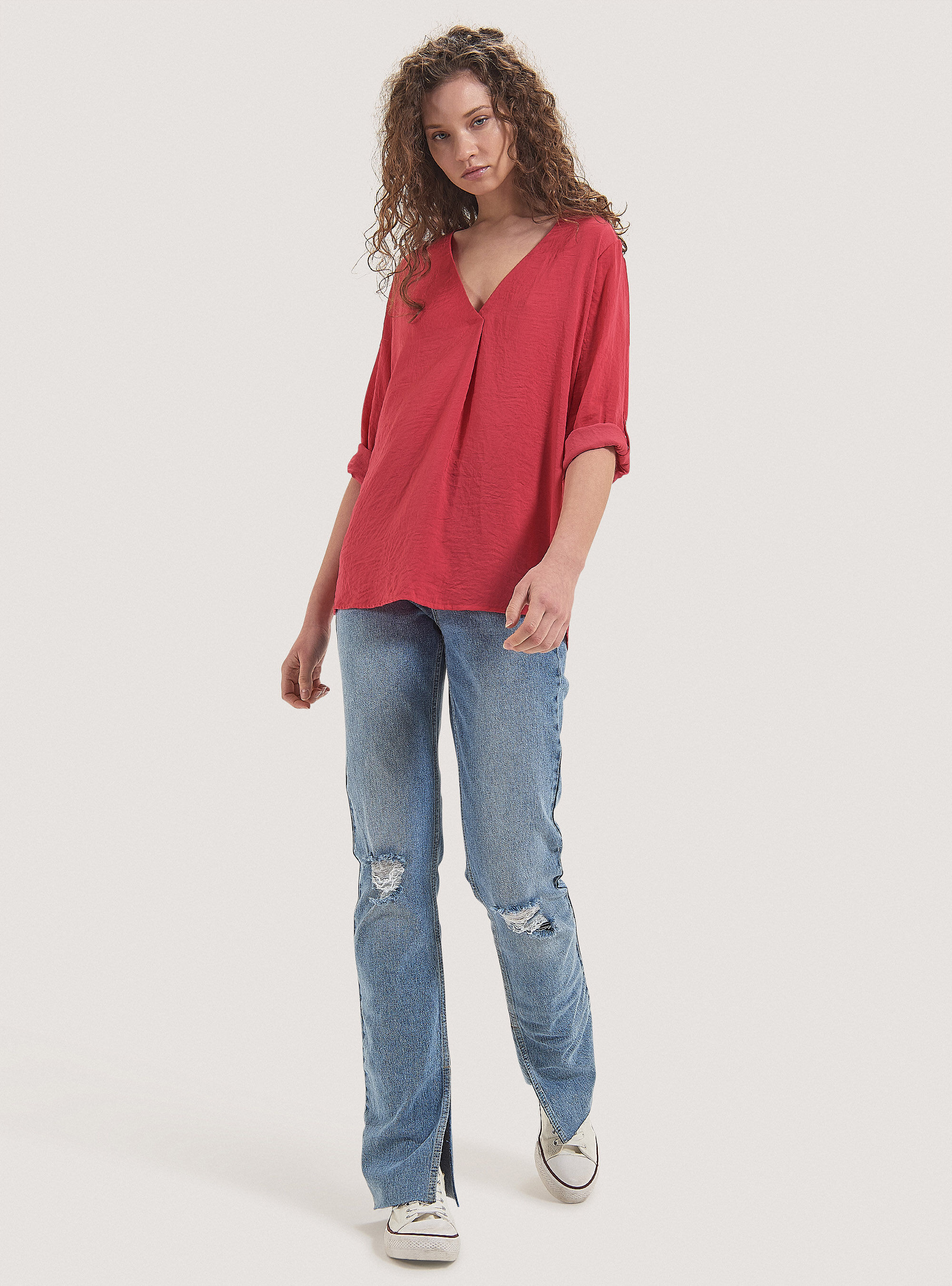 Blusa de color s&oacute;lido con escote, FUCSIA