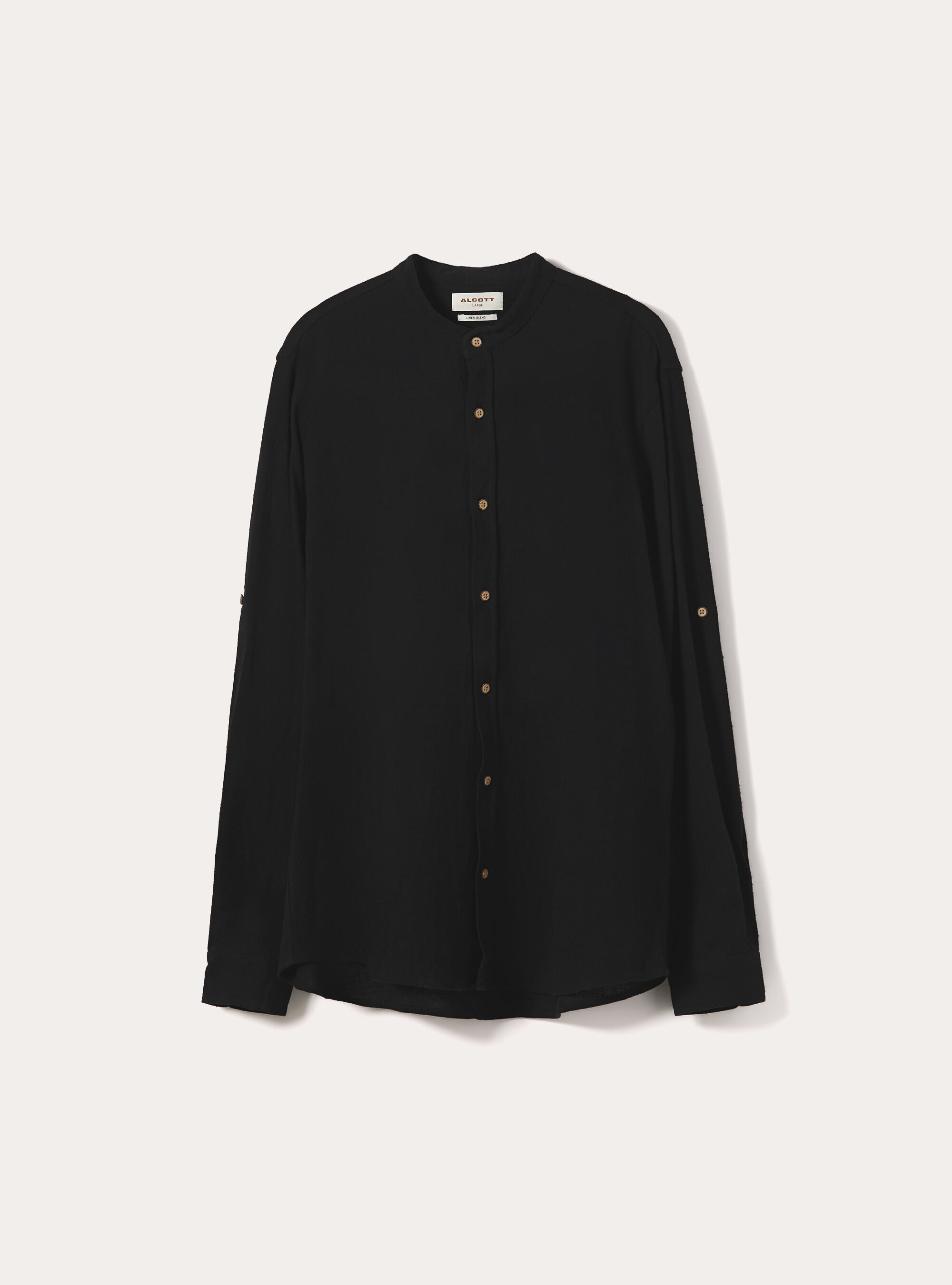 Camicia con collo alla coreana in misto lino, BK1 BLACK