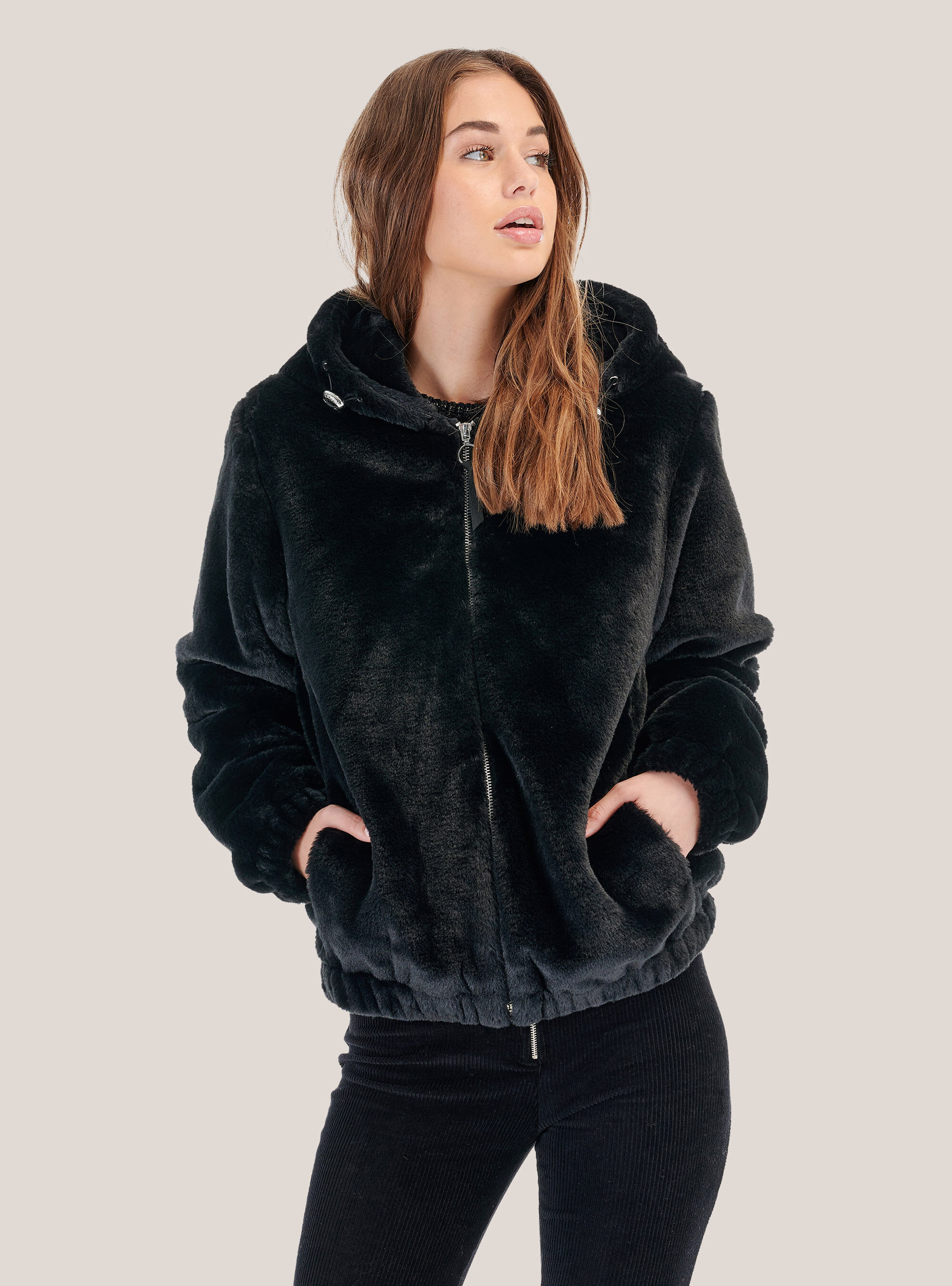 Faux fur jacket with hood, C101 BLACK