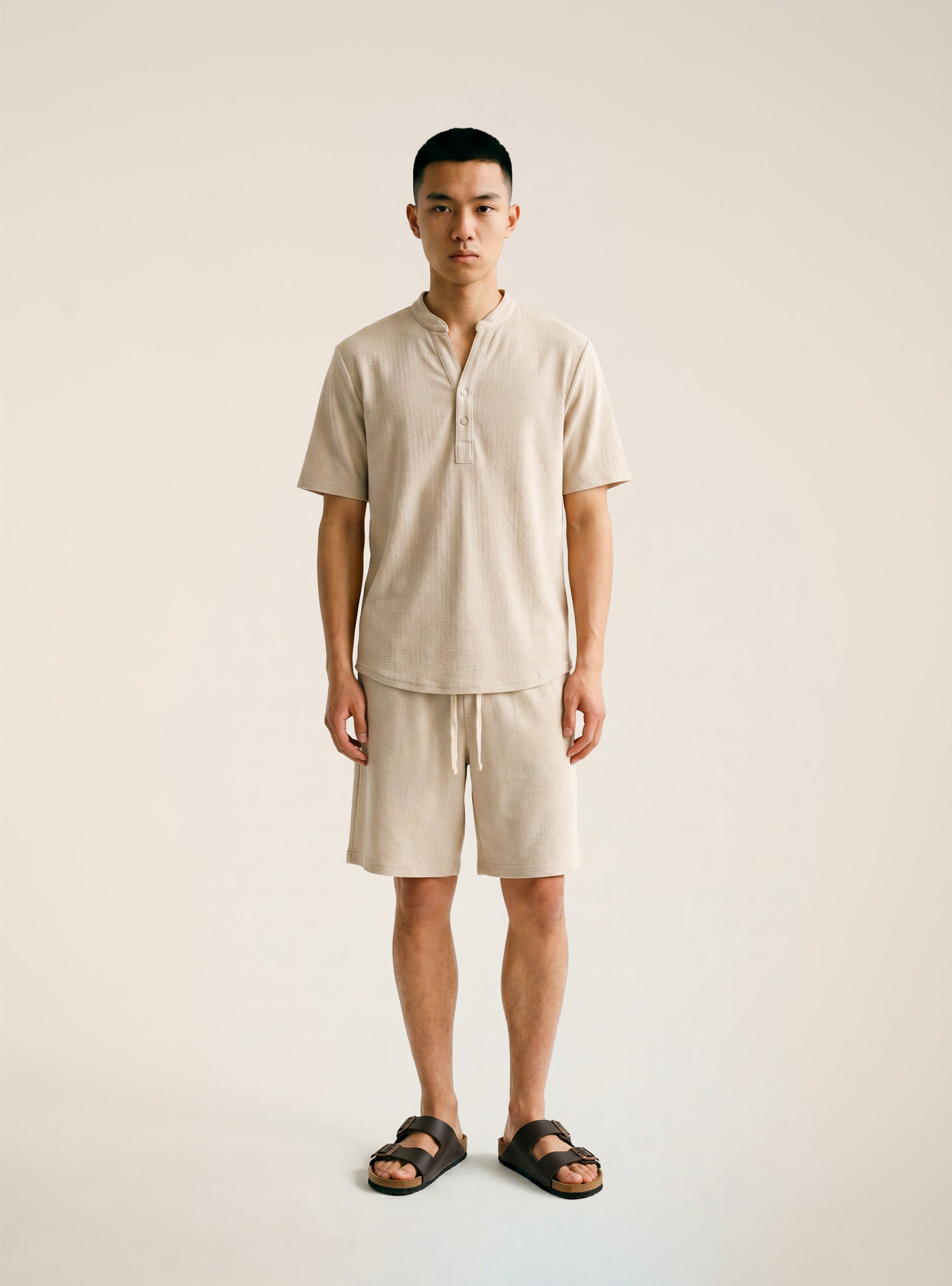 Camicia collo coreano mezza placchetta in jersey, BG3 BEIGE LIGHT