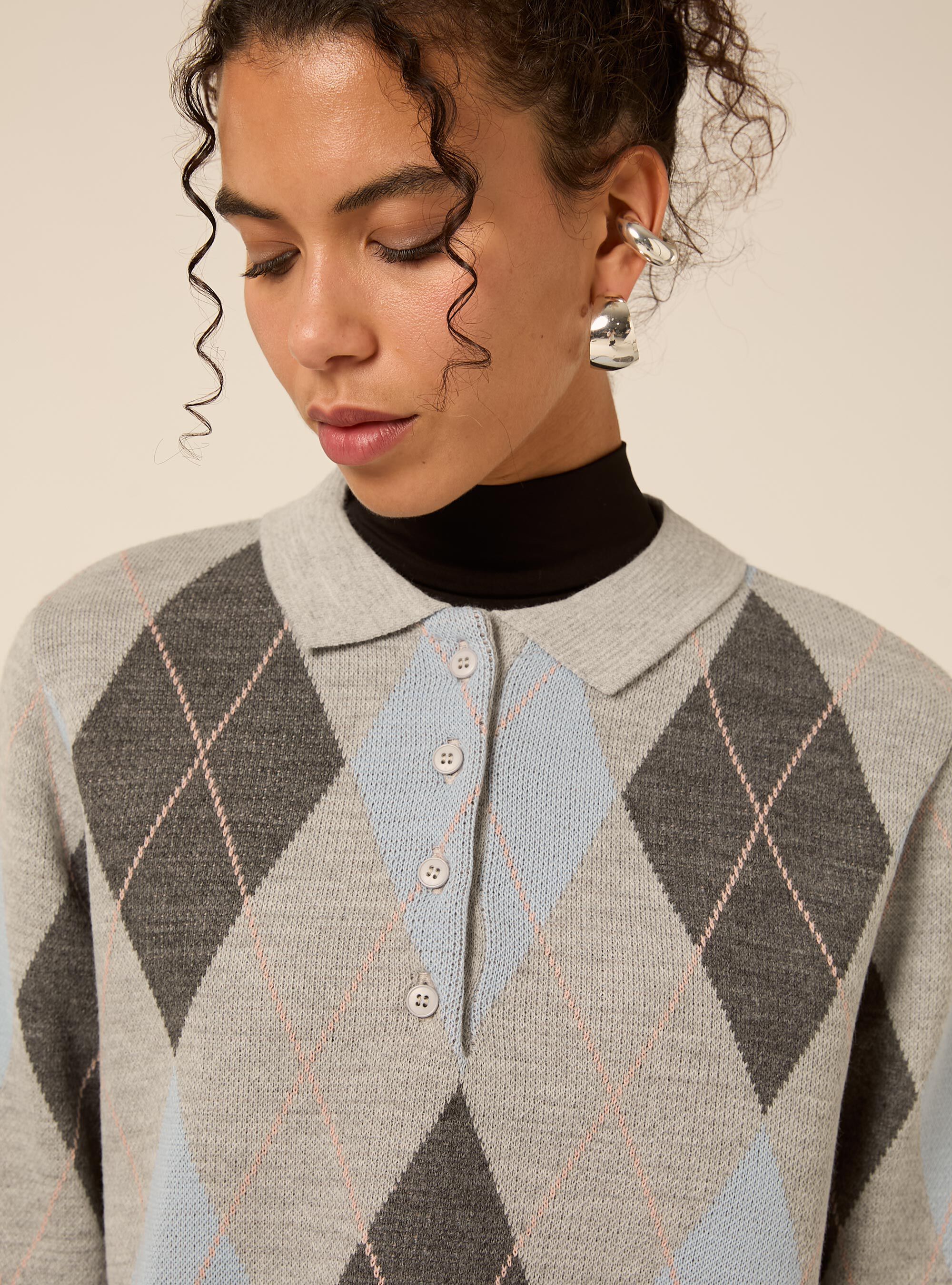 Pullover polo con rombi, MGY3 GREY MEL LIGHT