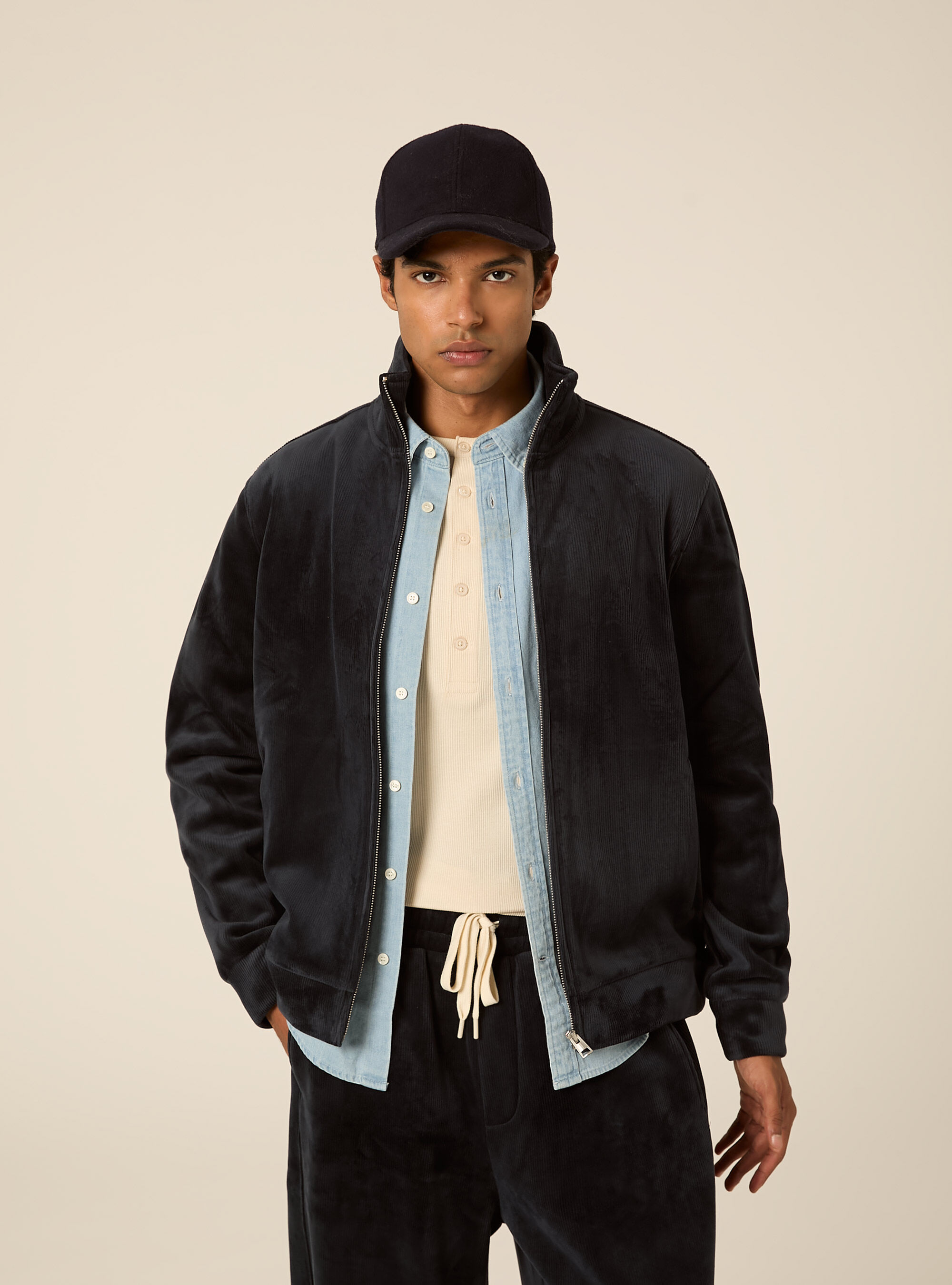 Zip up corduroy cardigan with high neck