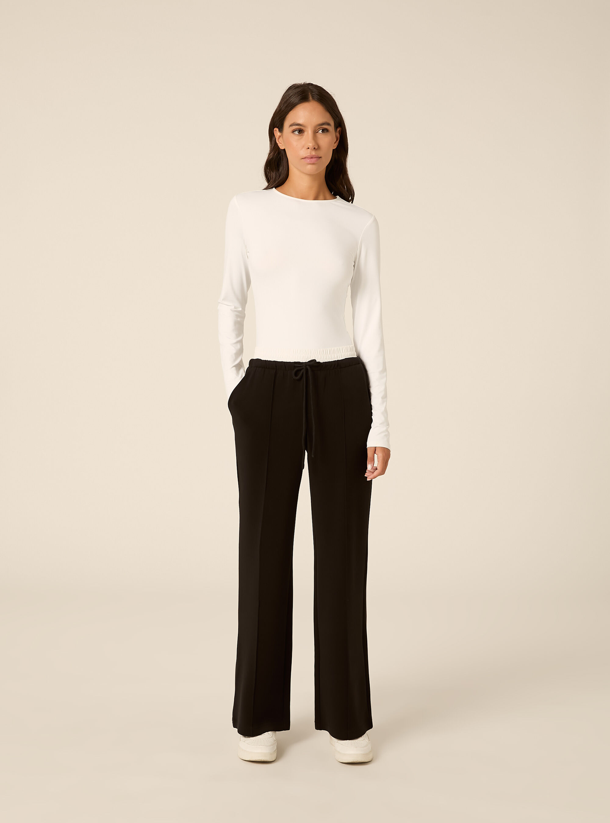 Wide leg hose aus scuba stoff mit doppelbund und biese, BK1 BLACK
