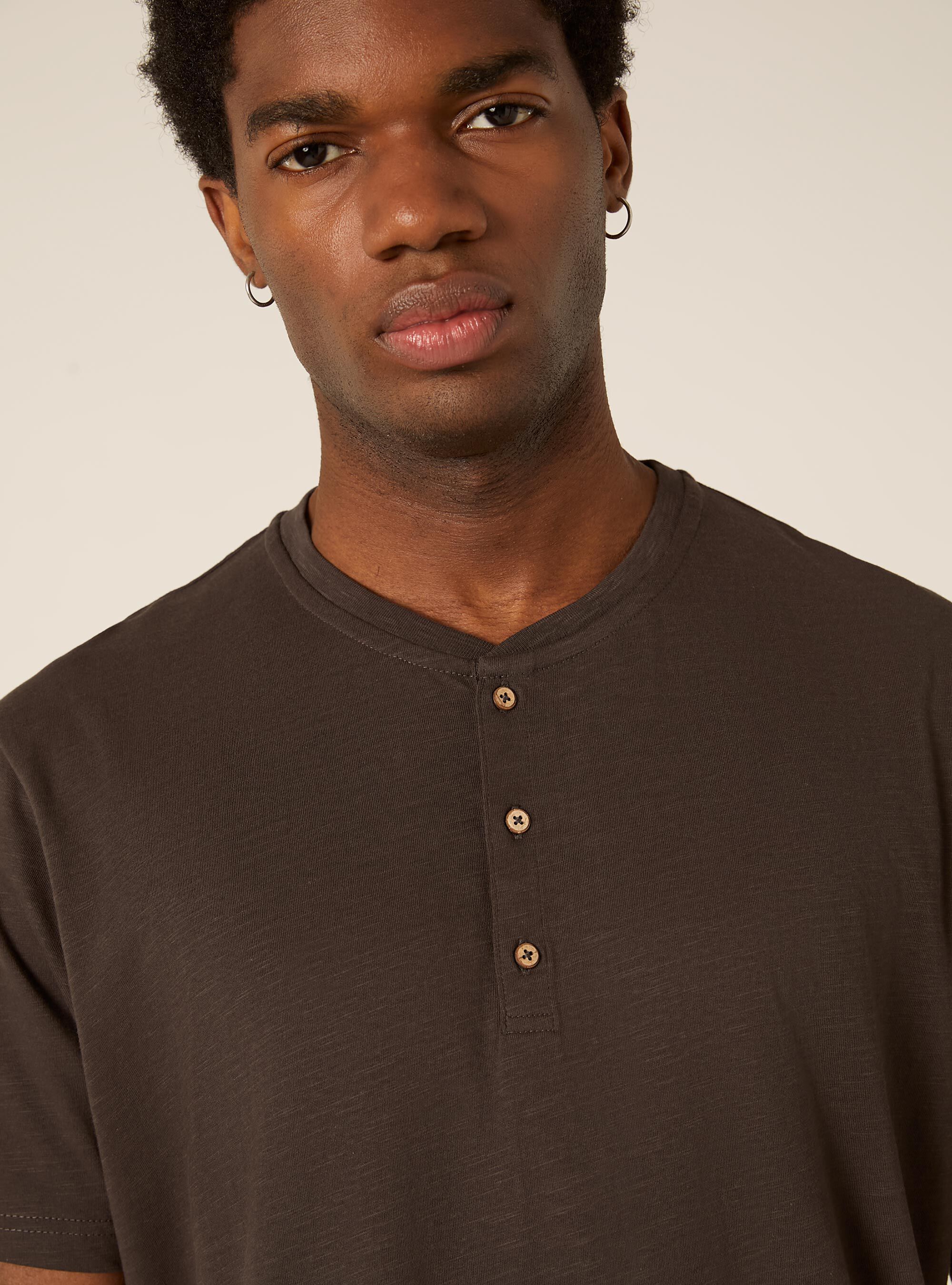 Cotton Henley T-Shirt, BK3 BLACK CHARCOAL