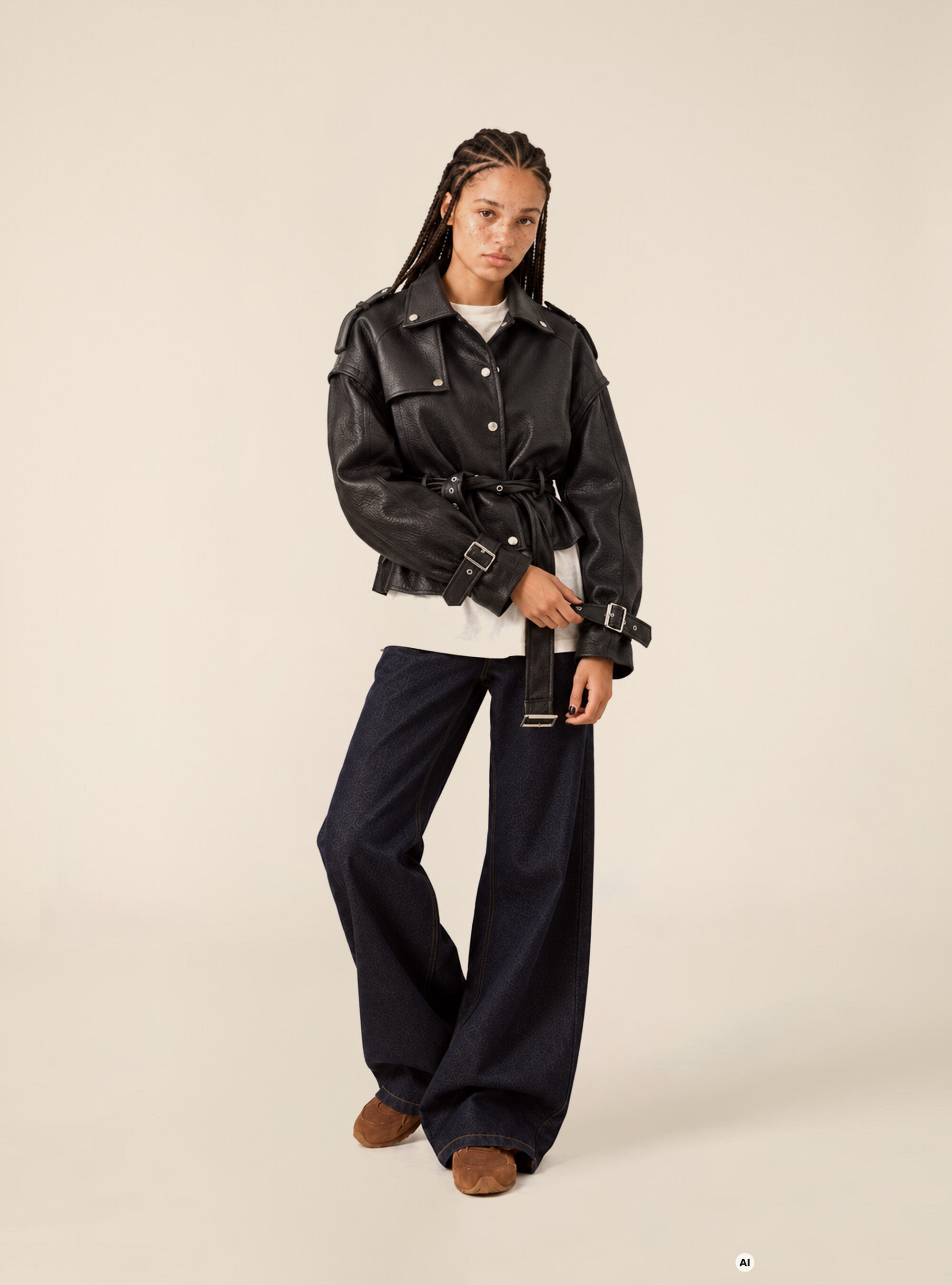 Cropped faux leather trench jacket with belt