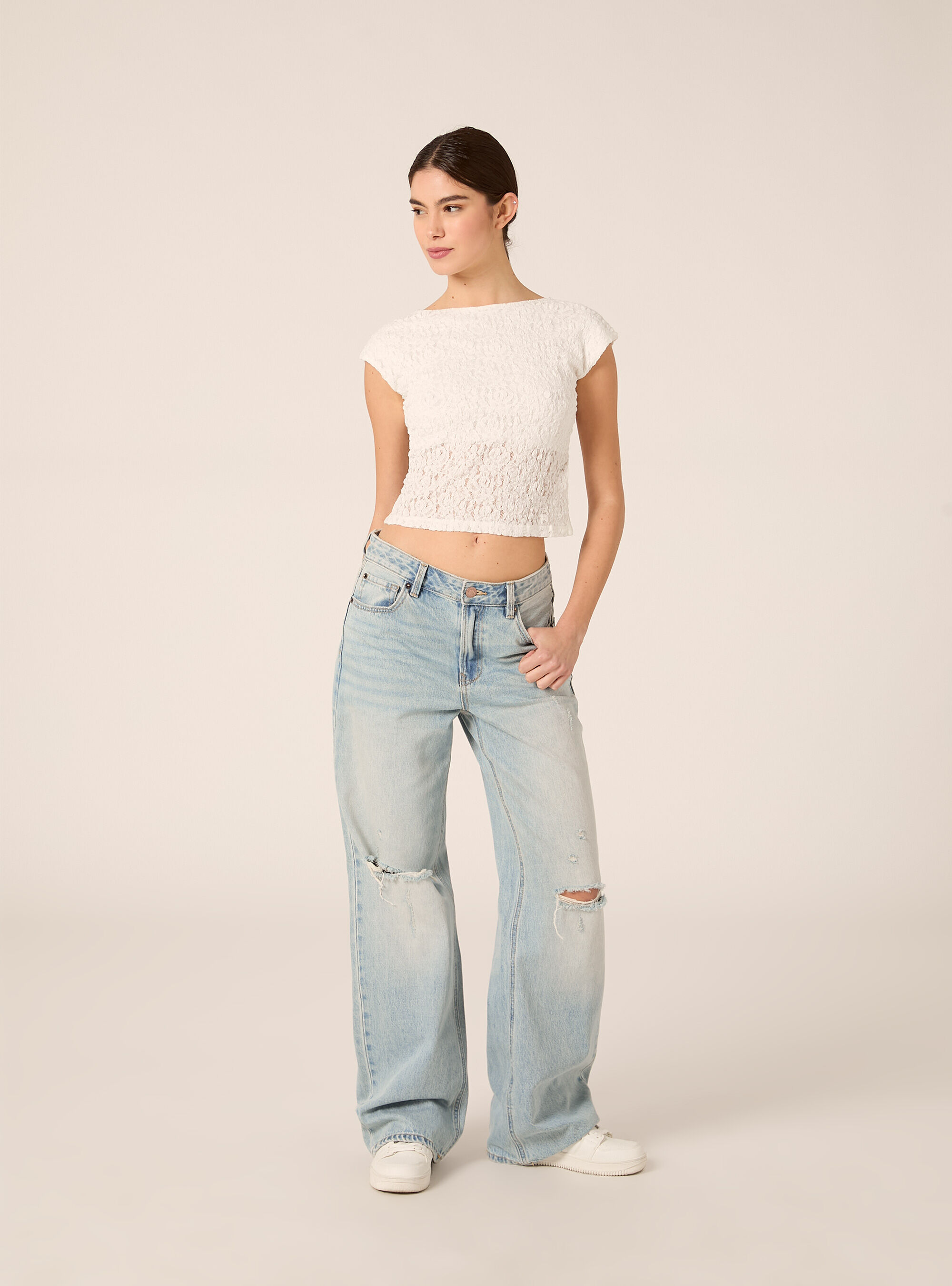 Spitzen-T-Shirt mit freiem R&uuml;cken, WH3 WHITE