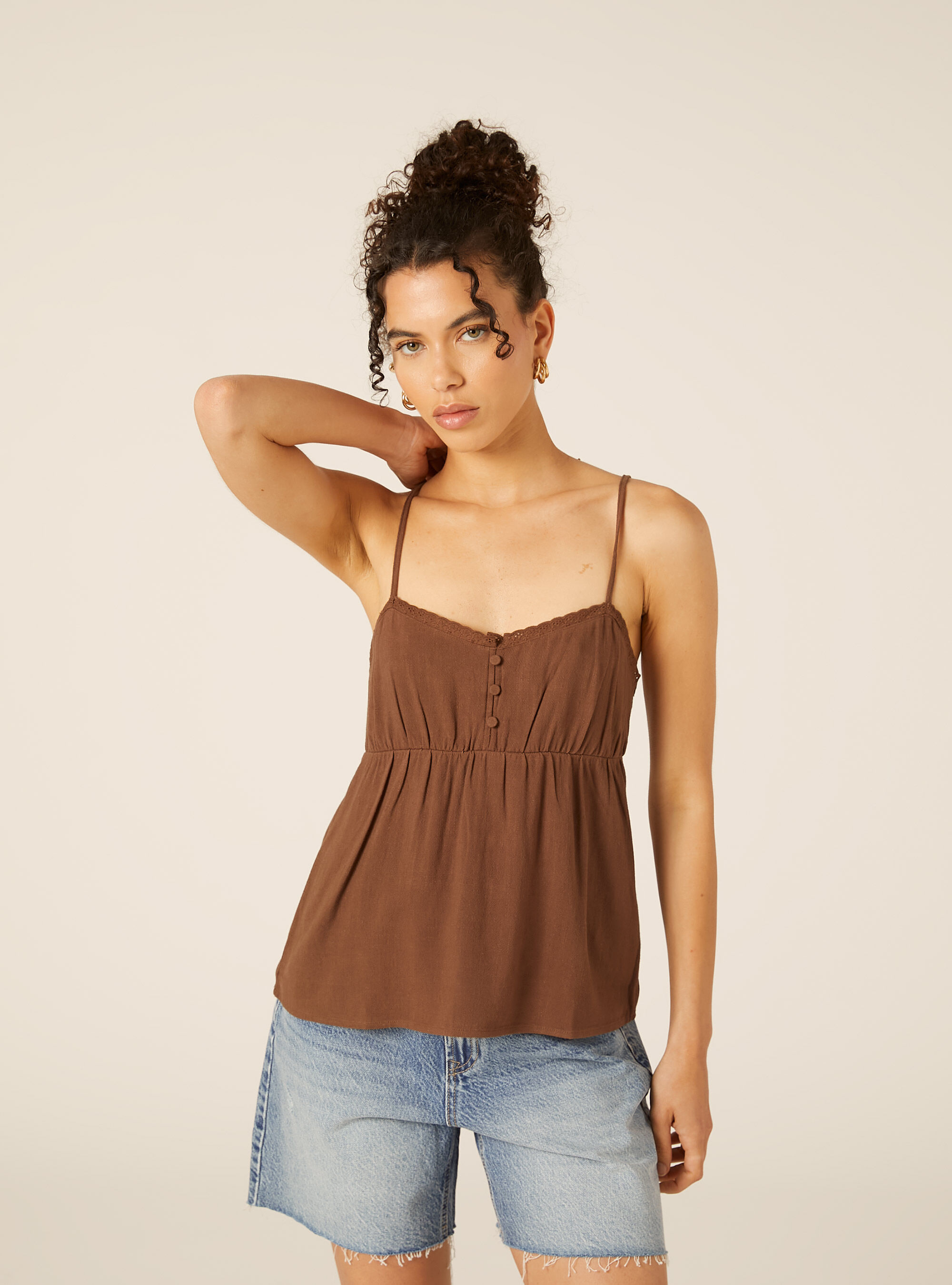 Top con spalline in misto lino, BR3 BROWN LIGHT