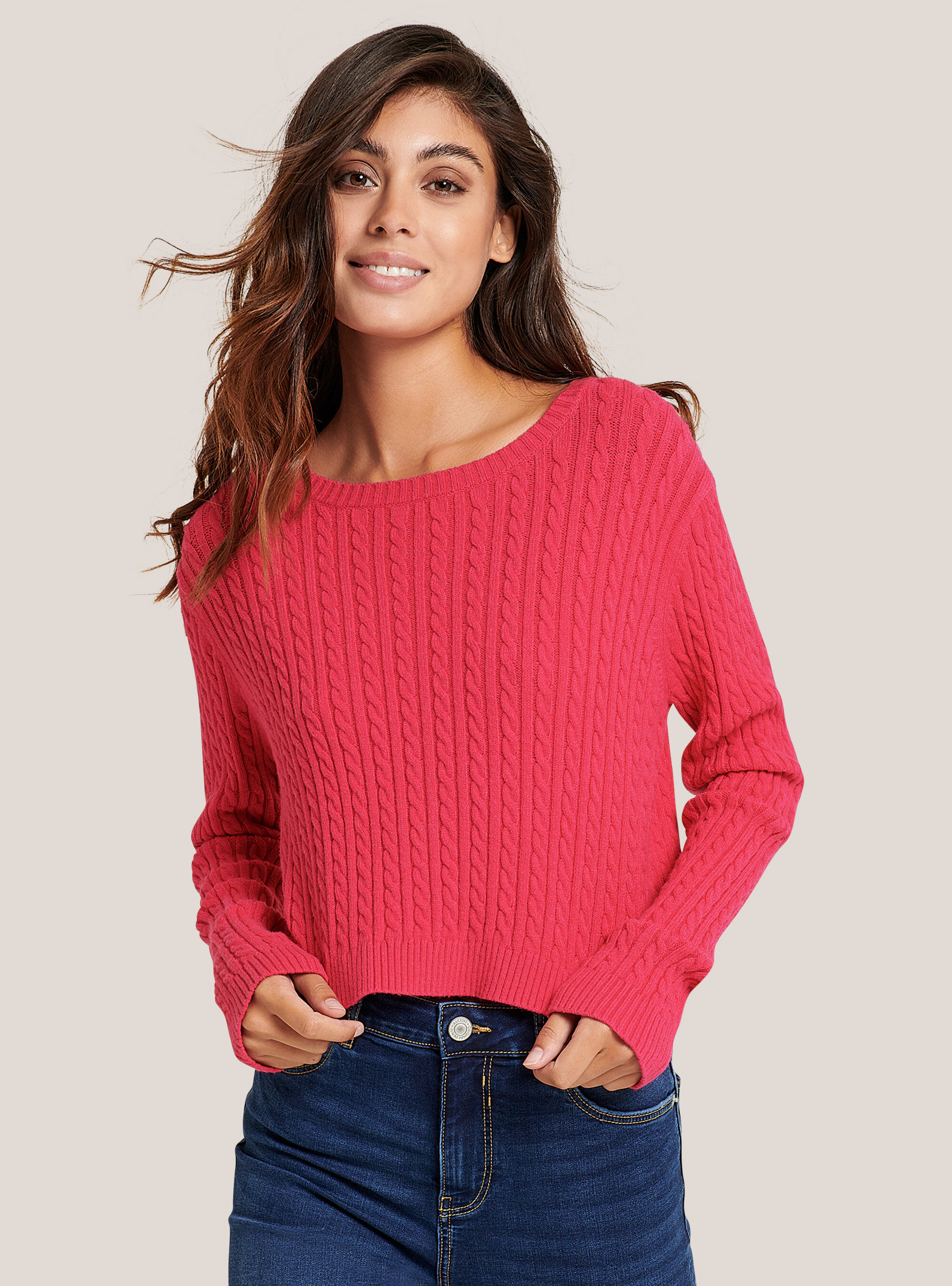 Gek&uuml;rzter Pullover mit Soft-Touch-Borten, C448 FUXIA