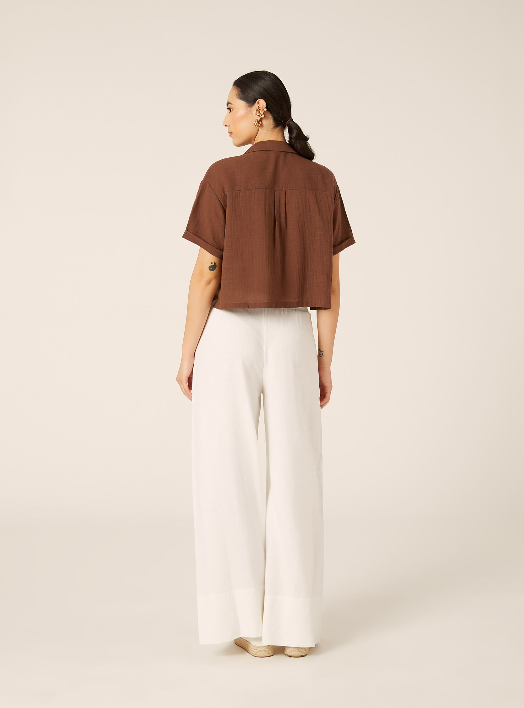 Camicia maniche corte crop, BR2 BROWN MEDIUM