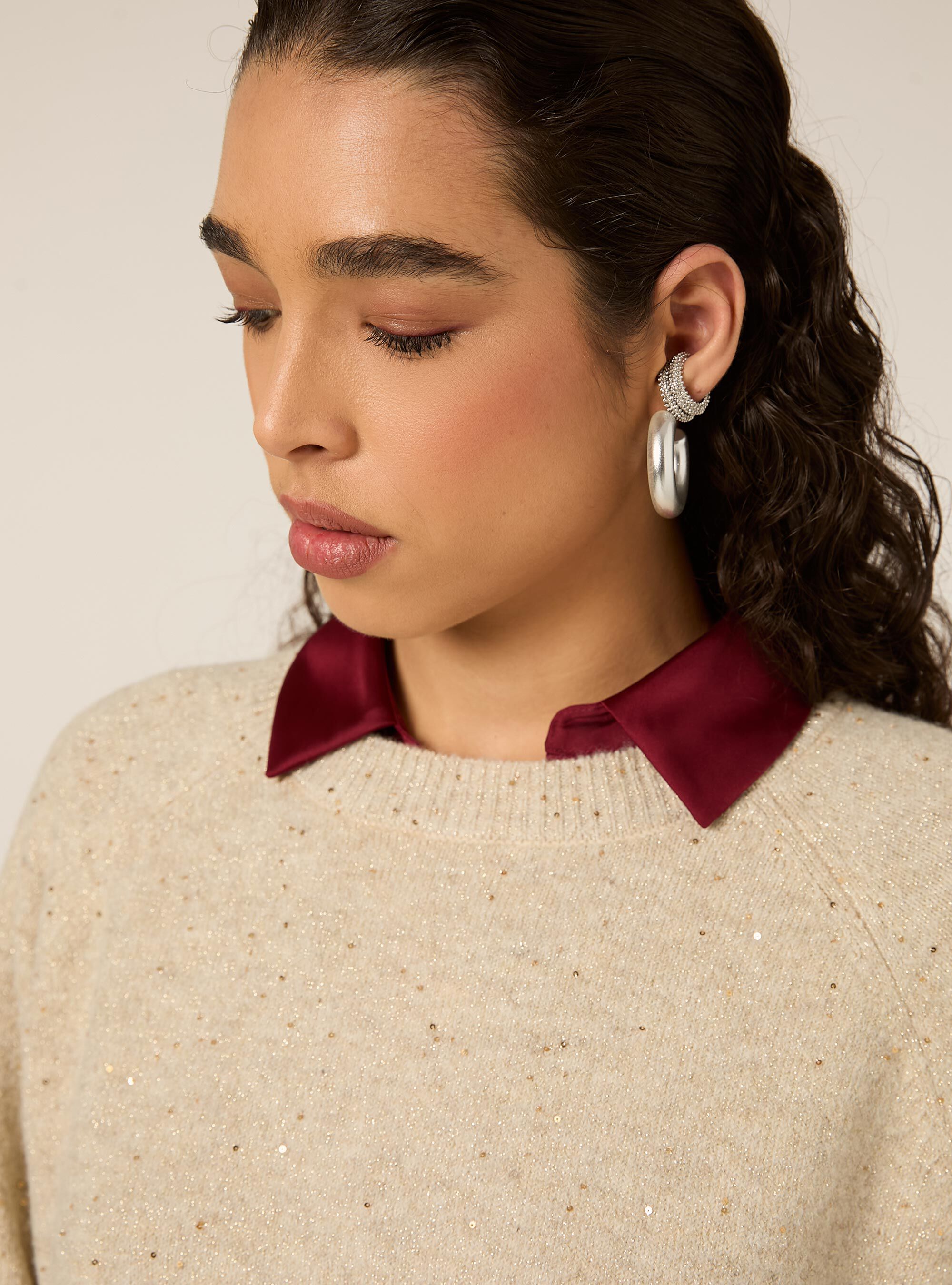 Maglia girocollo manica raglan in lurex, BG3 BEIGE LIGHT