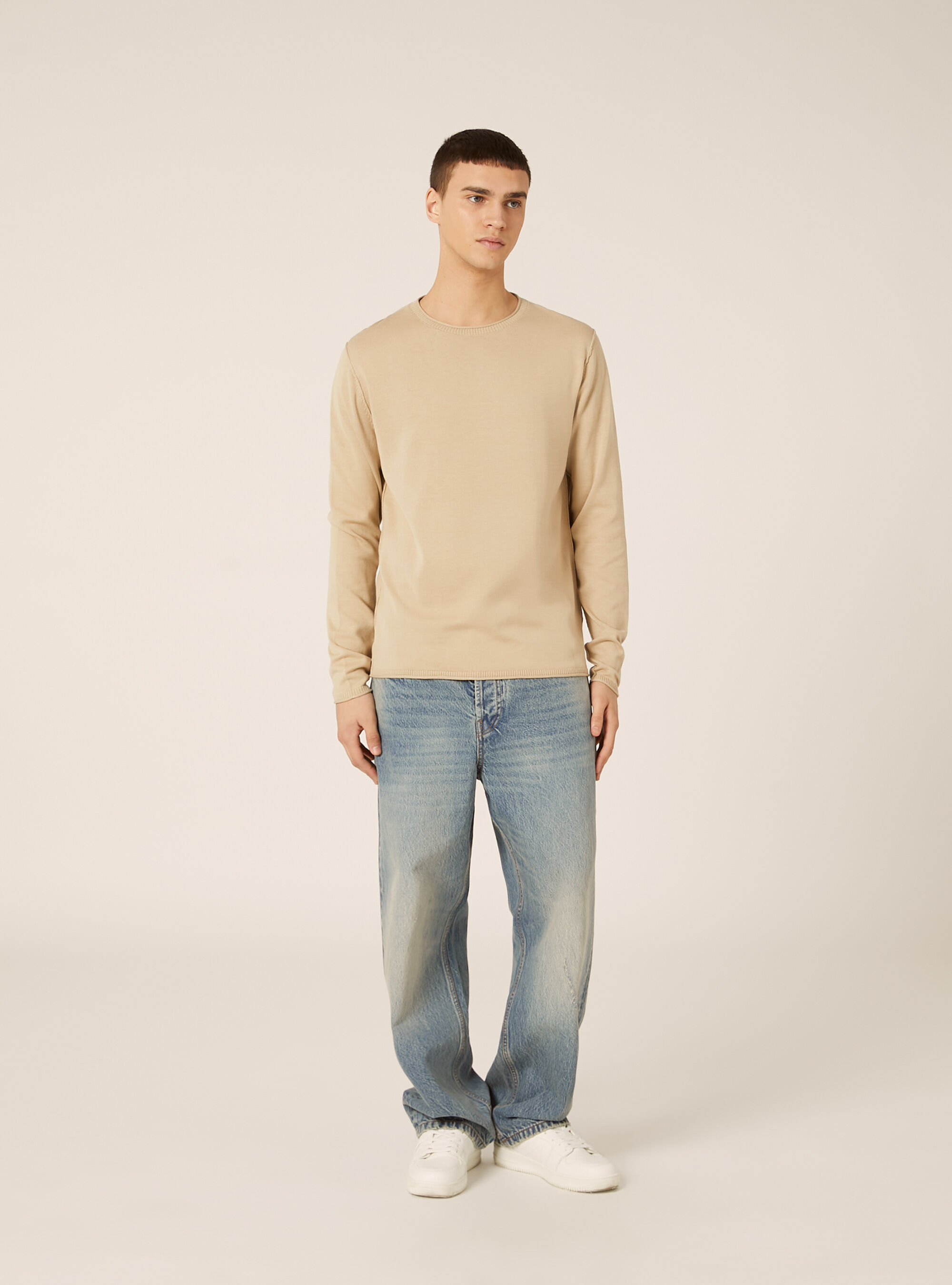 Pullover girocollo in cotone, BG3 BEIGE LIGHT