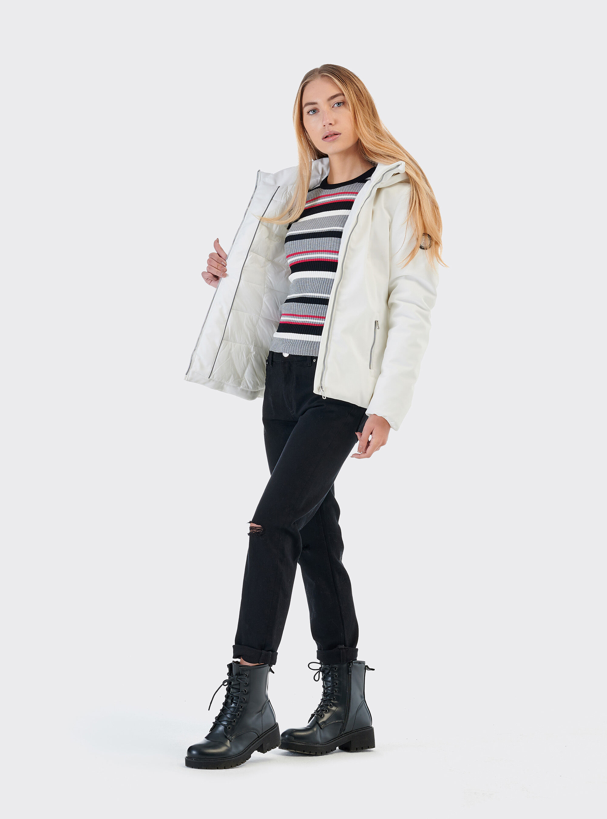 Giubbotto in tessuto tecnico con cappuccio, BIANCO