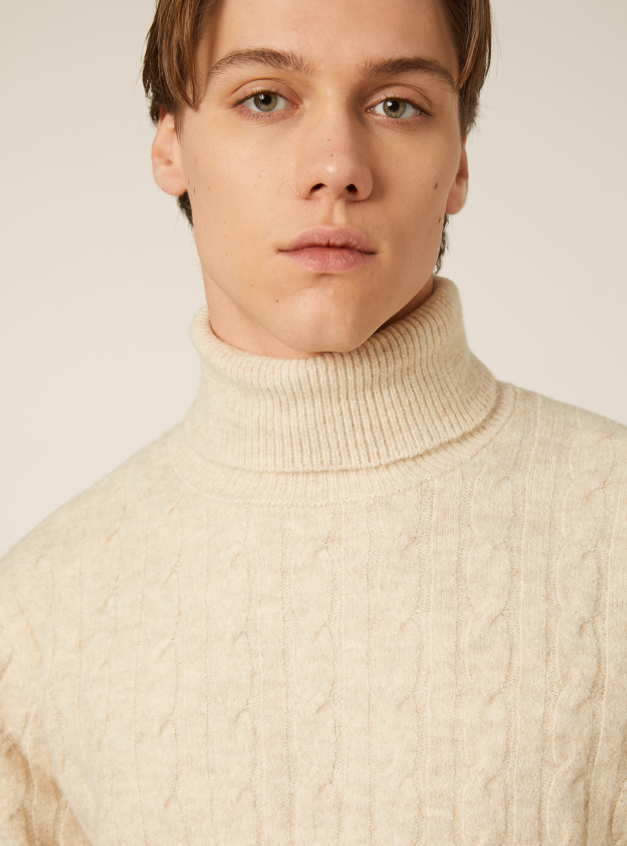 High-neck pullover with cable knit, MBG3 BEIGE MEL LIGHT