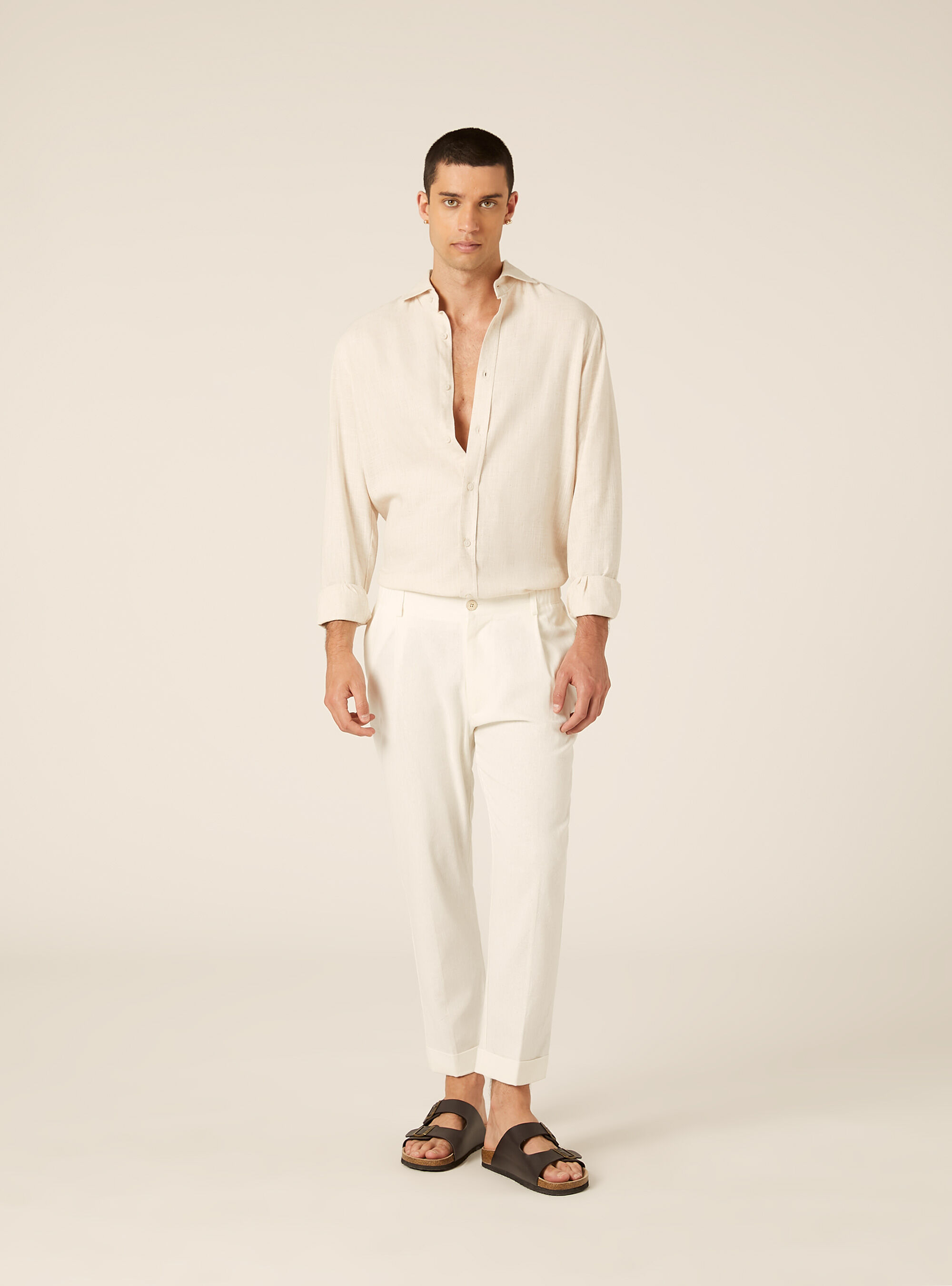 Pantaloni una pince misto lino, WH2 WHITE