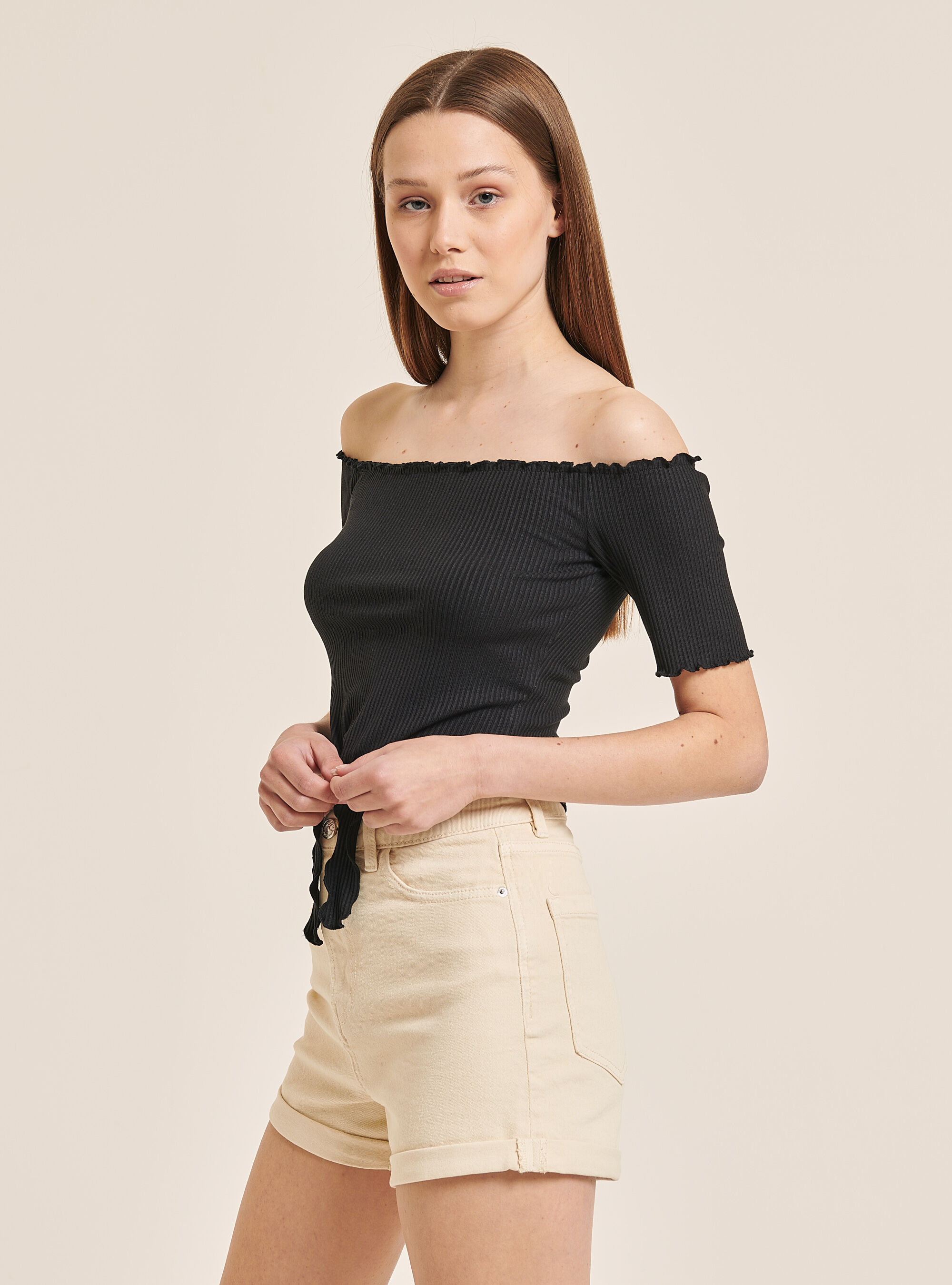 Bardot neckline and knot t-shirt, BLACK