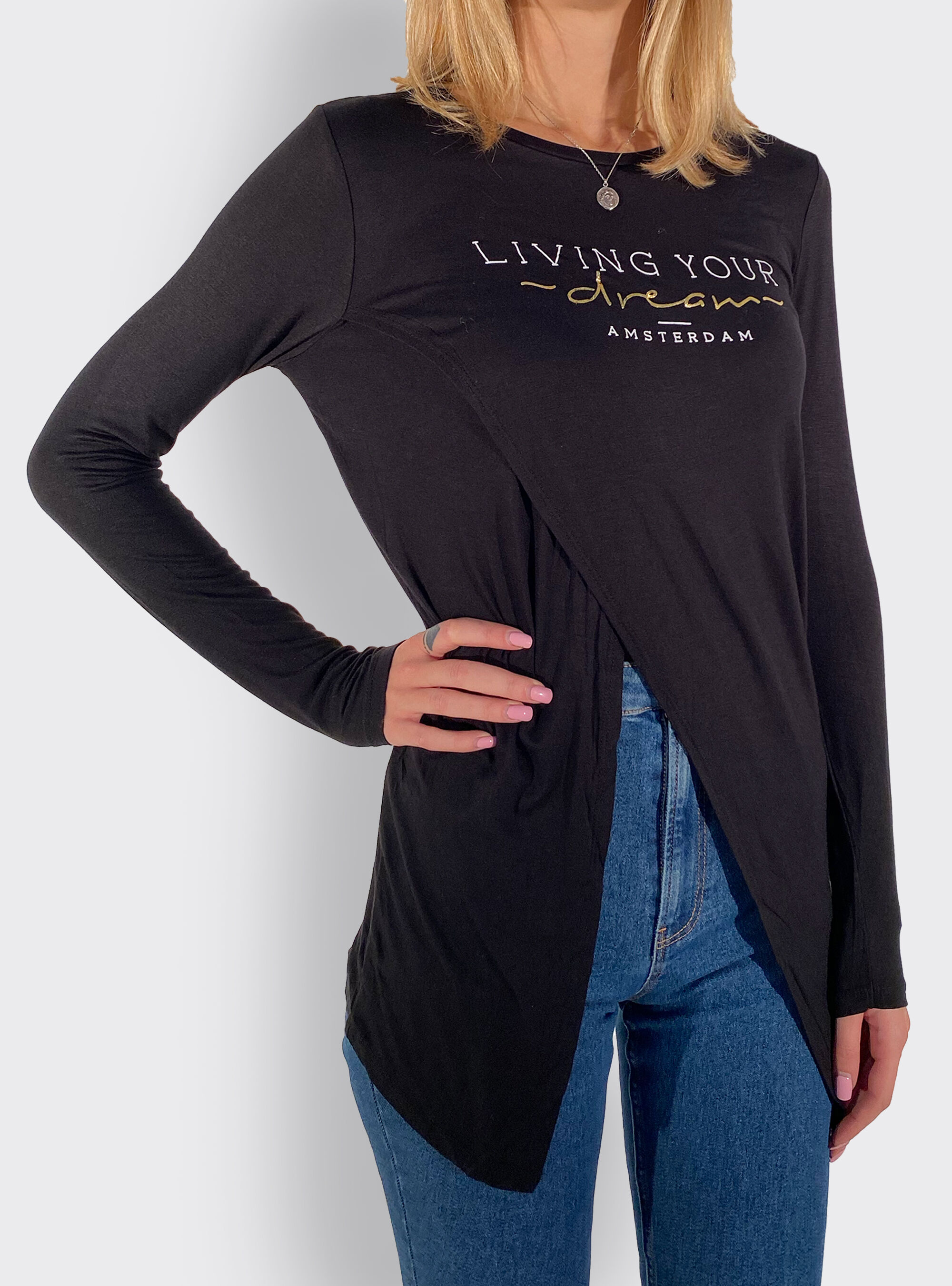 T-shirt con apertura ad incrocio, NEGRO