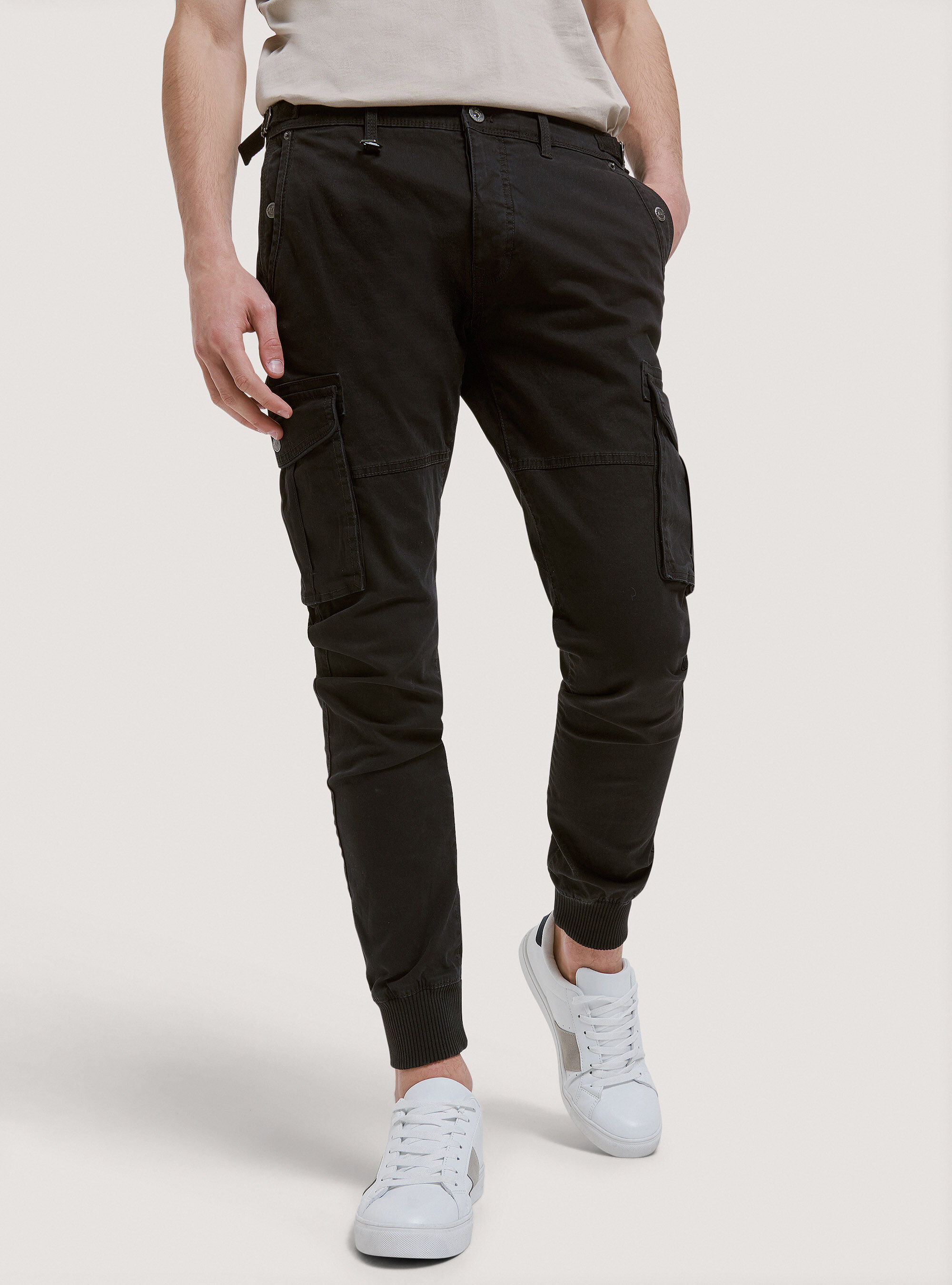 Cotton cargo trousers with elastic, BLACK