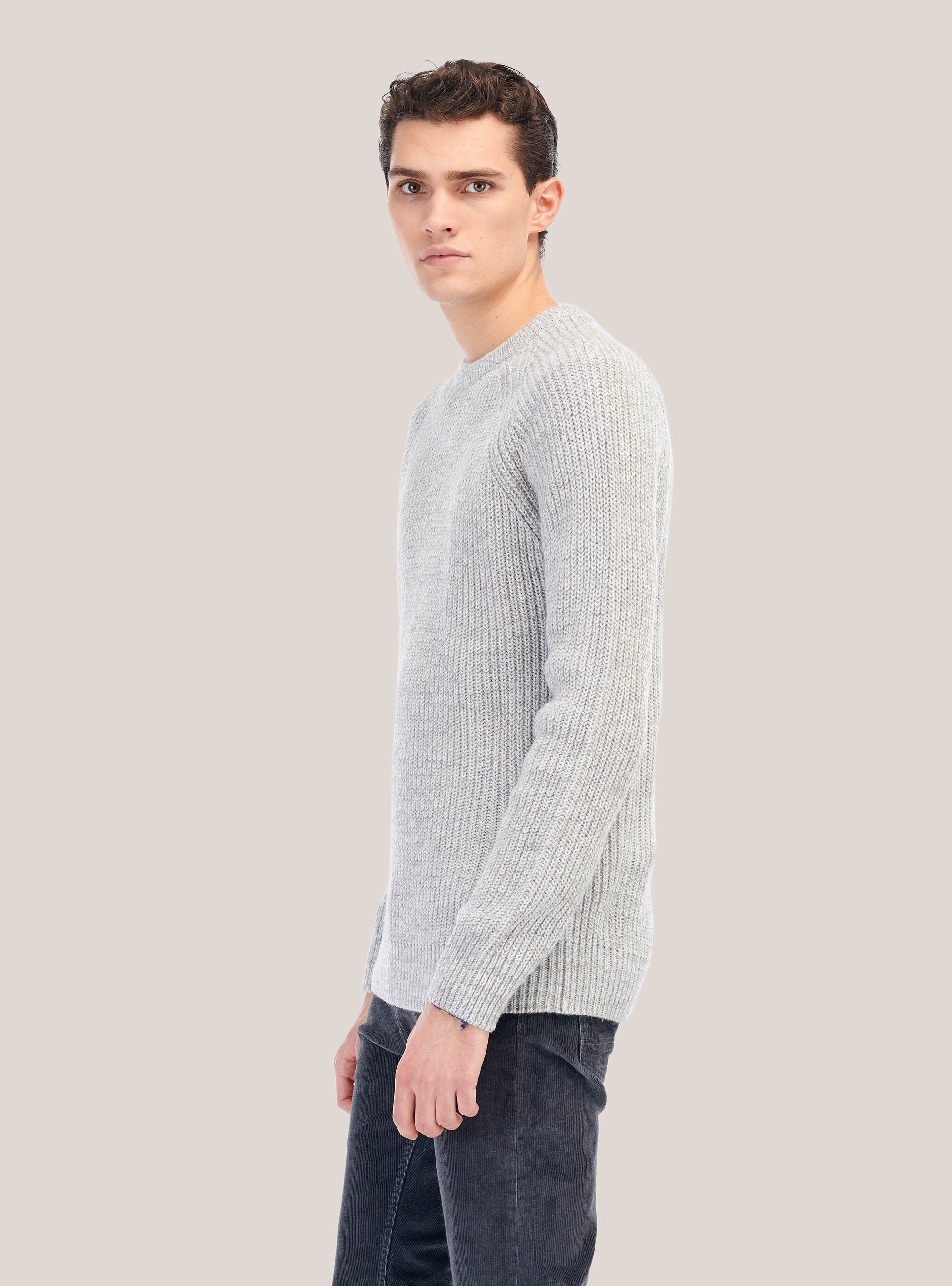 English rib round neck pullover in wool blend, PEARL/CREAM