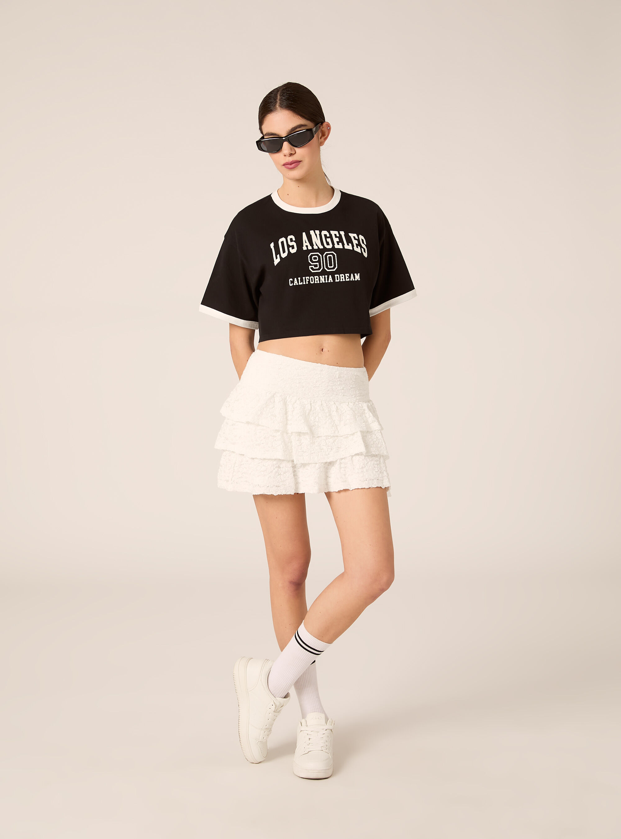 T-shirt crop stampa college, BK1 BLACK