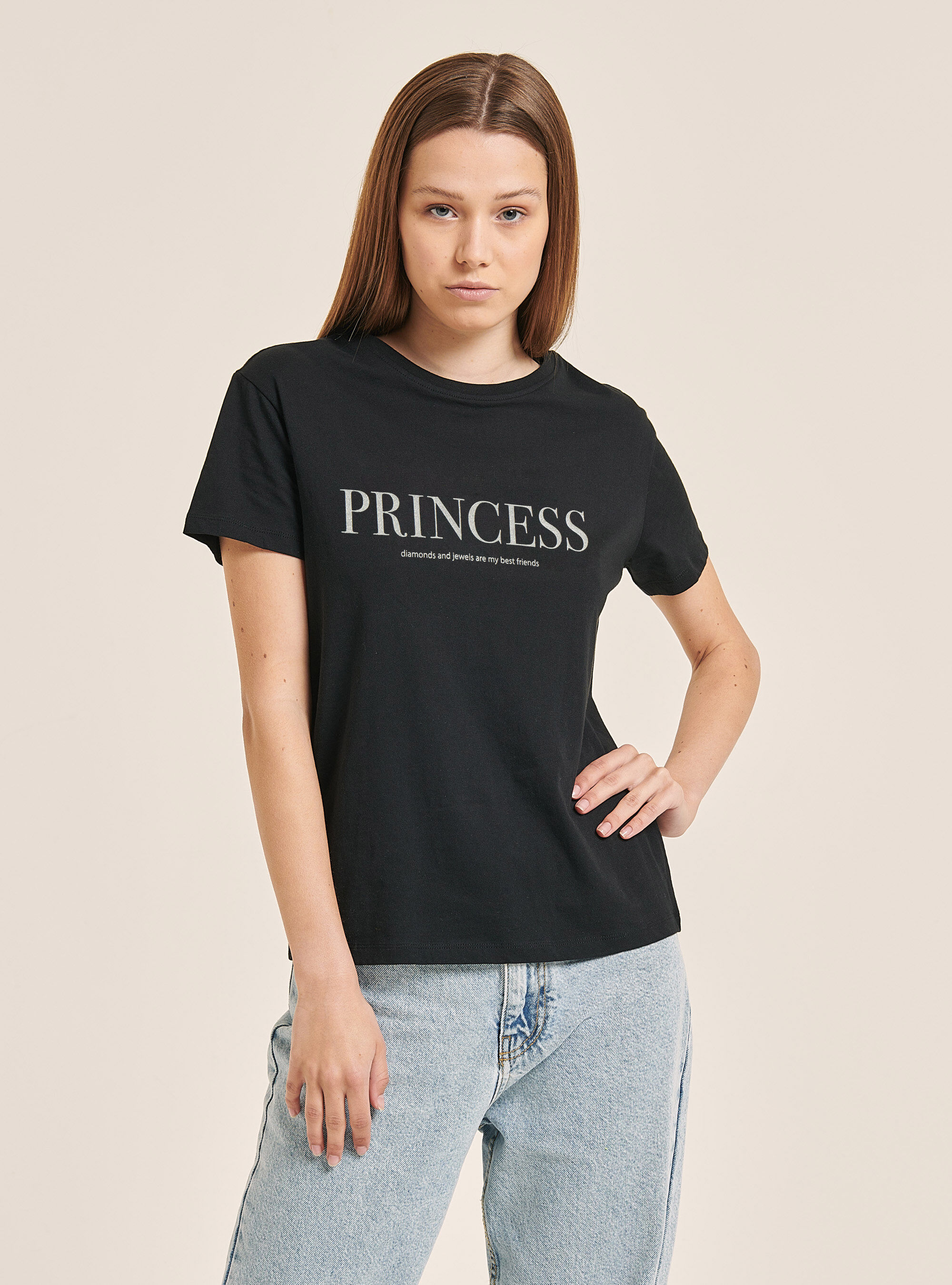 T-shirt en coton avec impression de lettres, C101 BLACK
