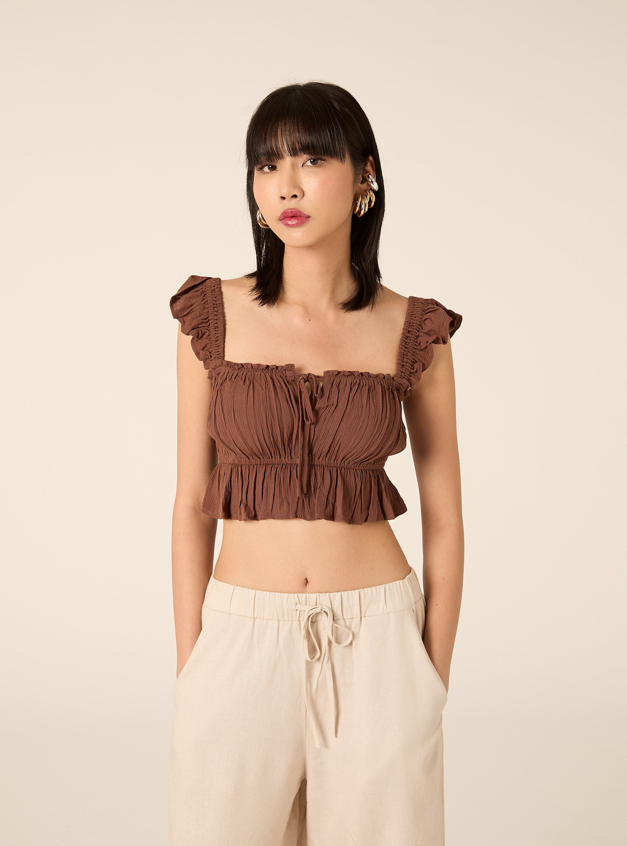 Top in crepe con volant, BR2 BROWN MEDIUM