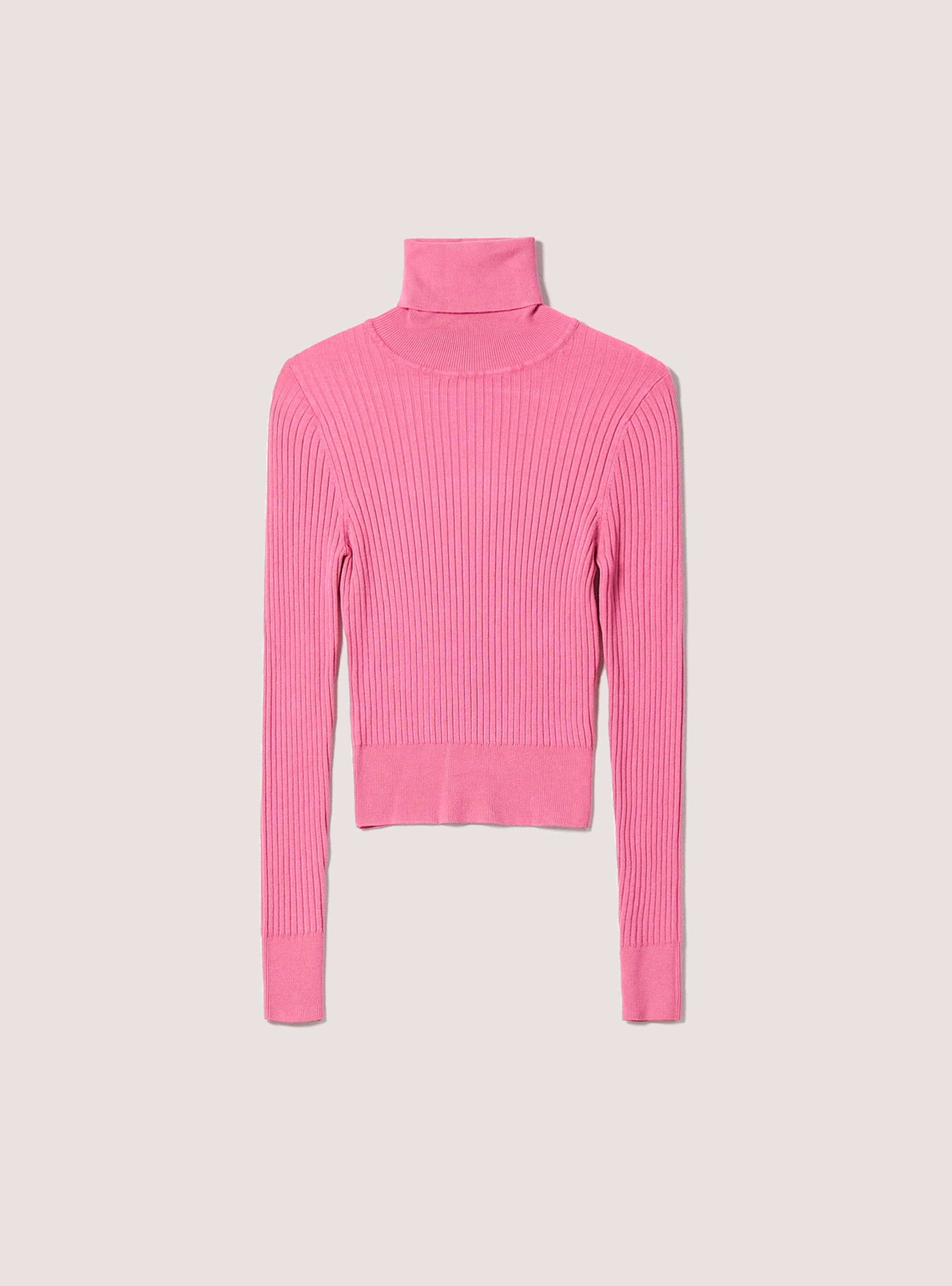 Pullover cropped a collo alto a coste, MPK1 PINK MEL DARK
