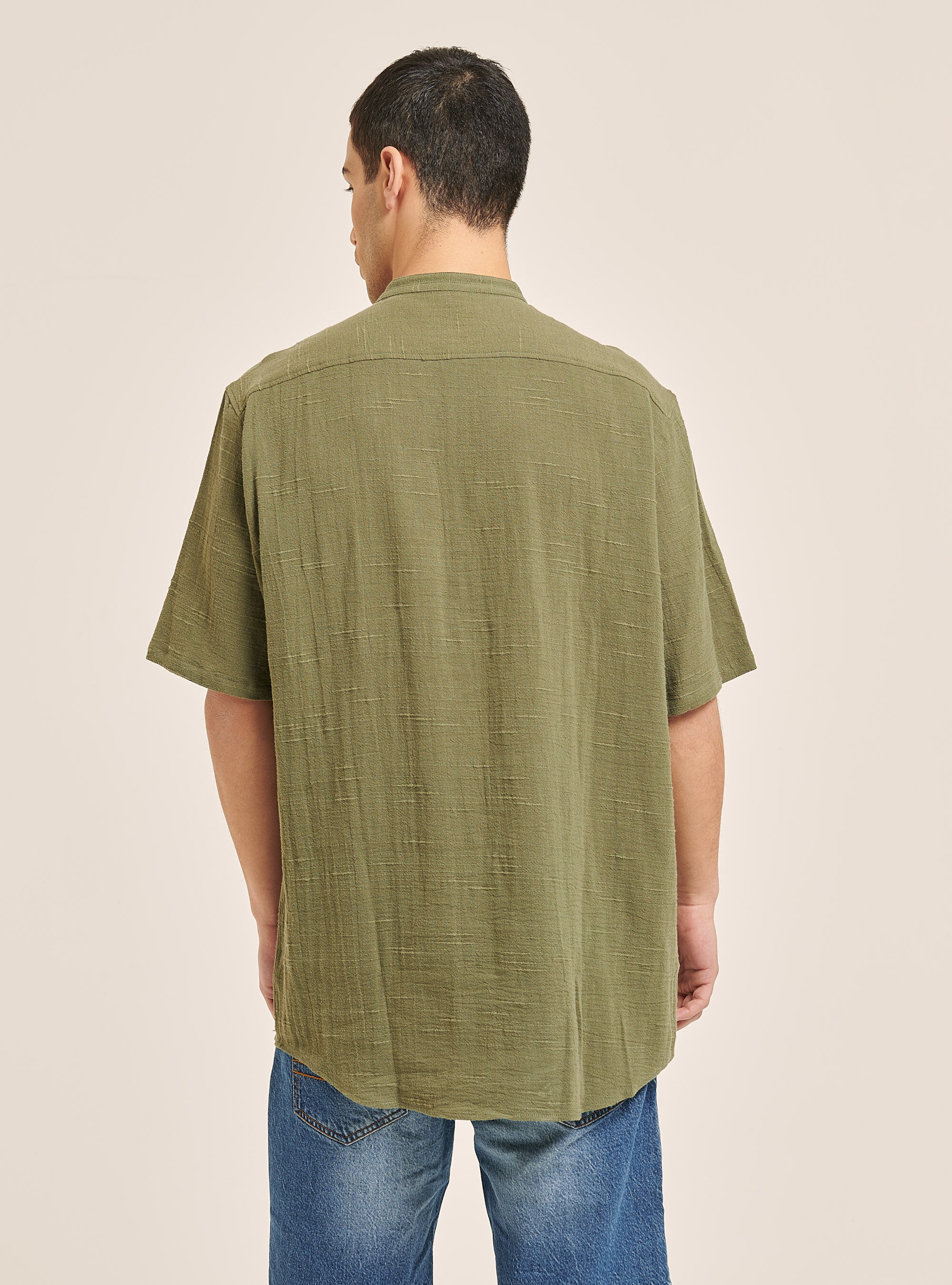 Linen blend shirt with Korean collar, KY2 KAKY MEDIUM