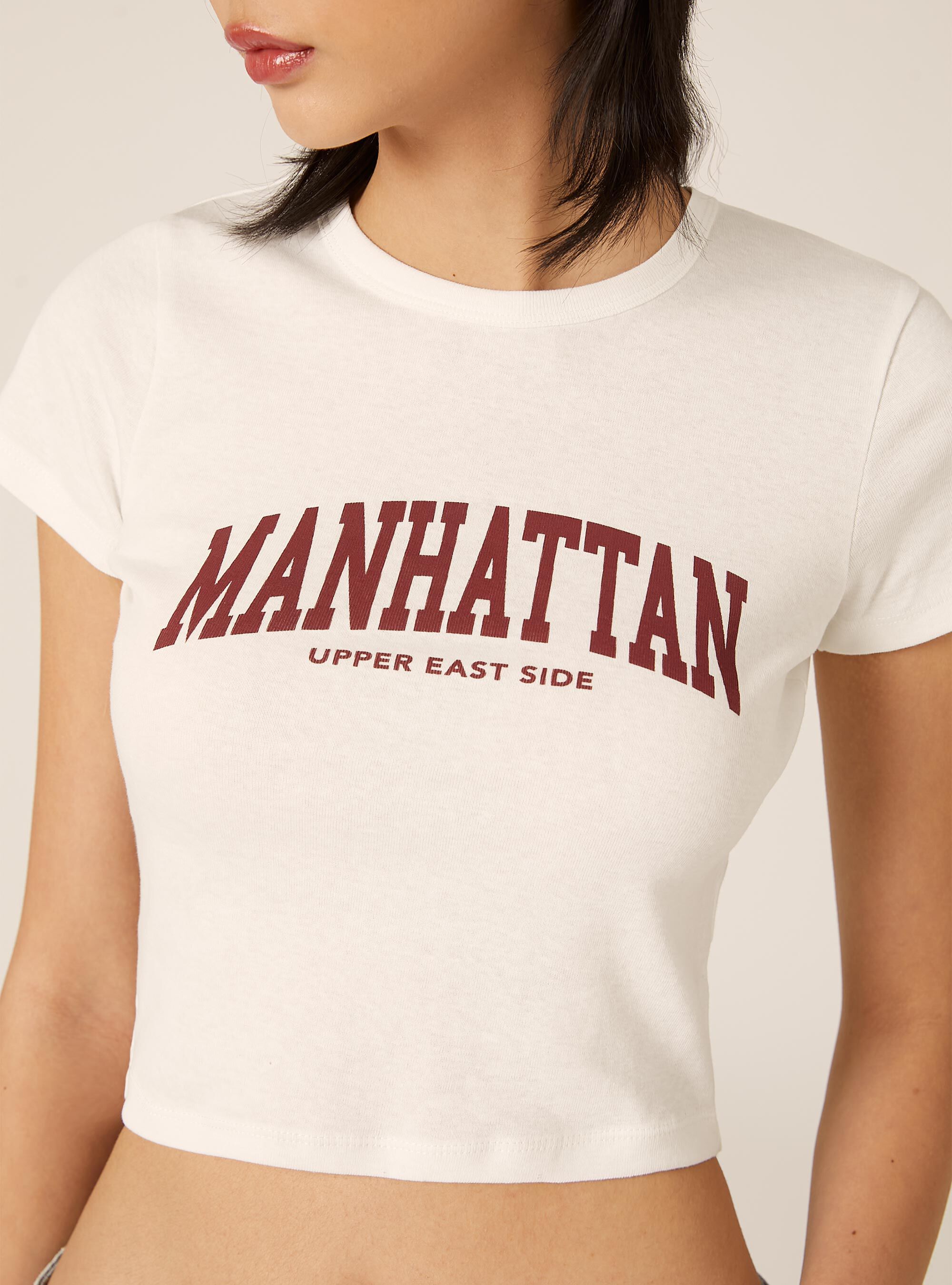 Kurz&auml;rmeliges Crop-T-Shirt mit College-Grafik-Print, WH1 OFF WHITE