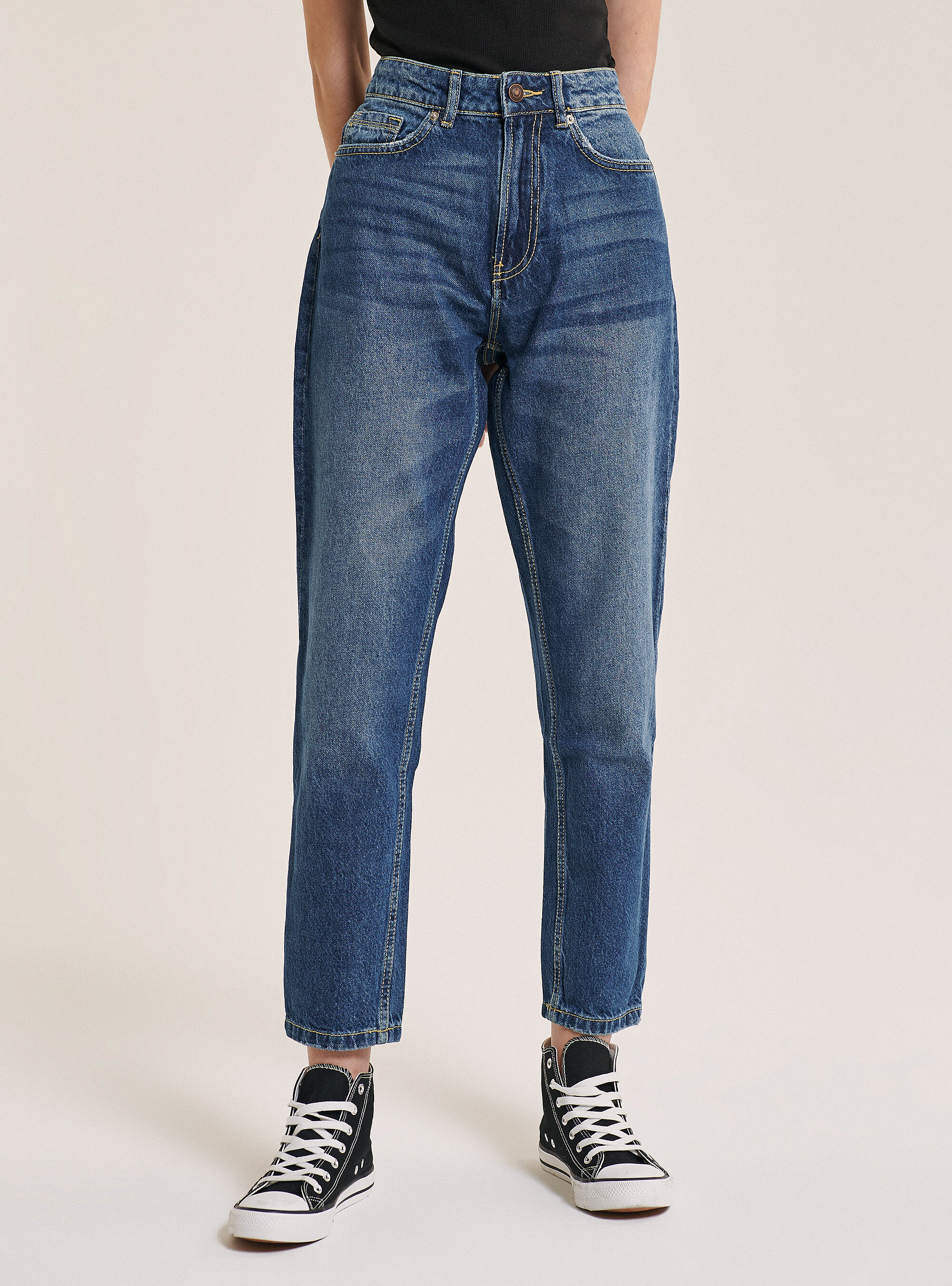 Jean cropped straight fit taille haute, C218 BLUE NAVY