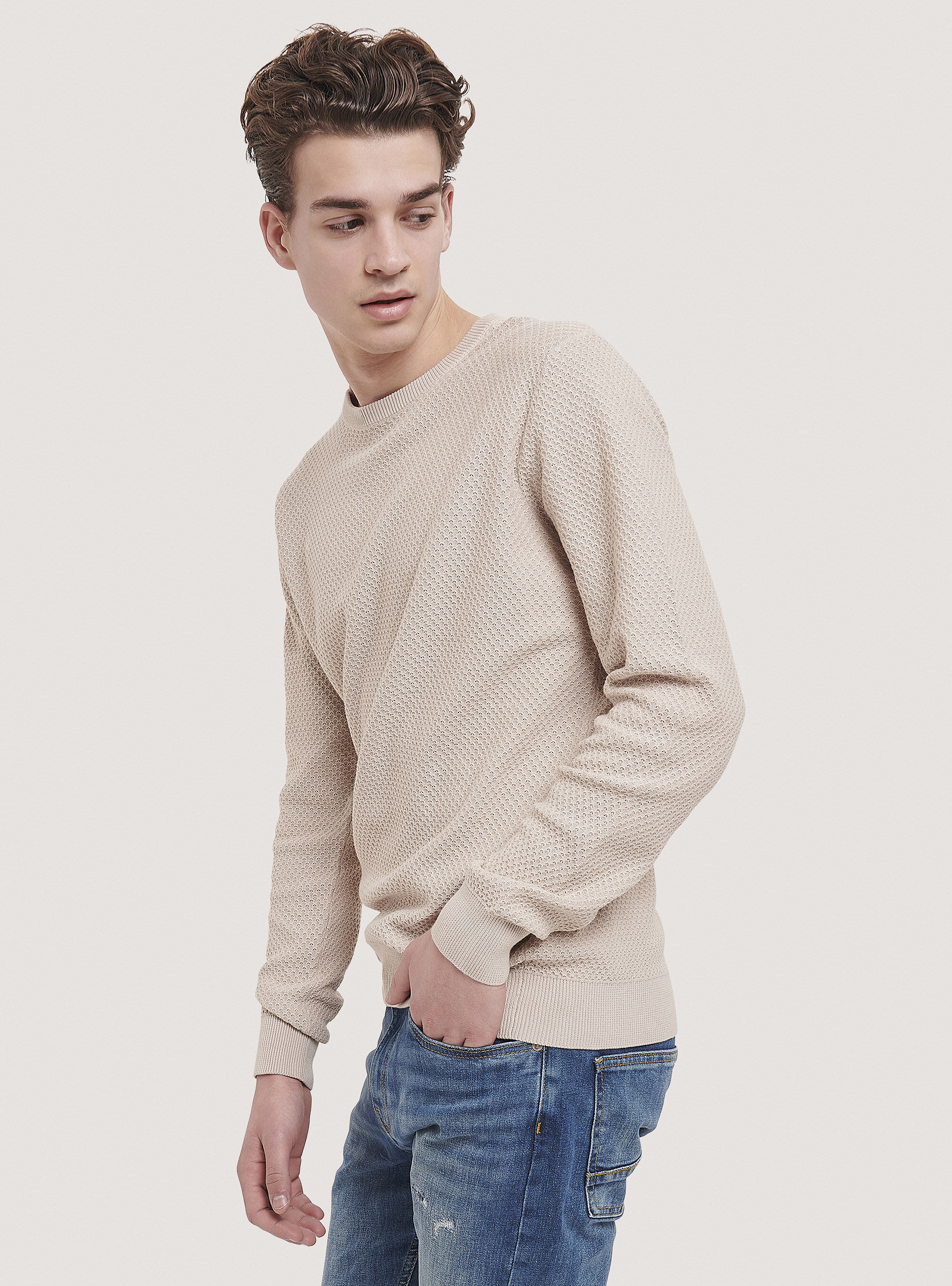Jersey de cuello redondo con textura de nido de abeja, C1150 SAND