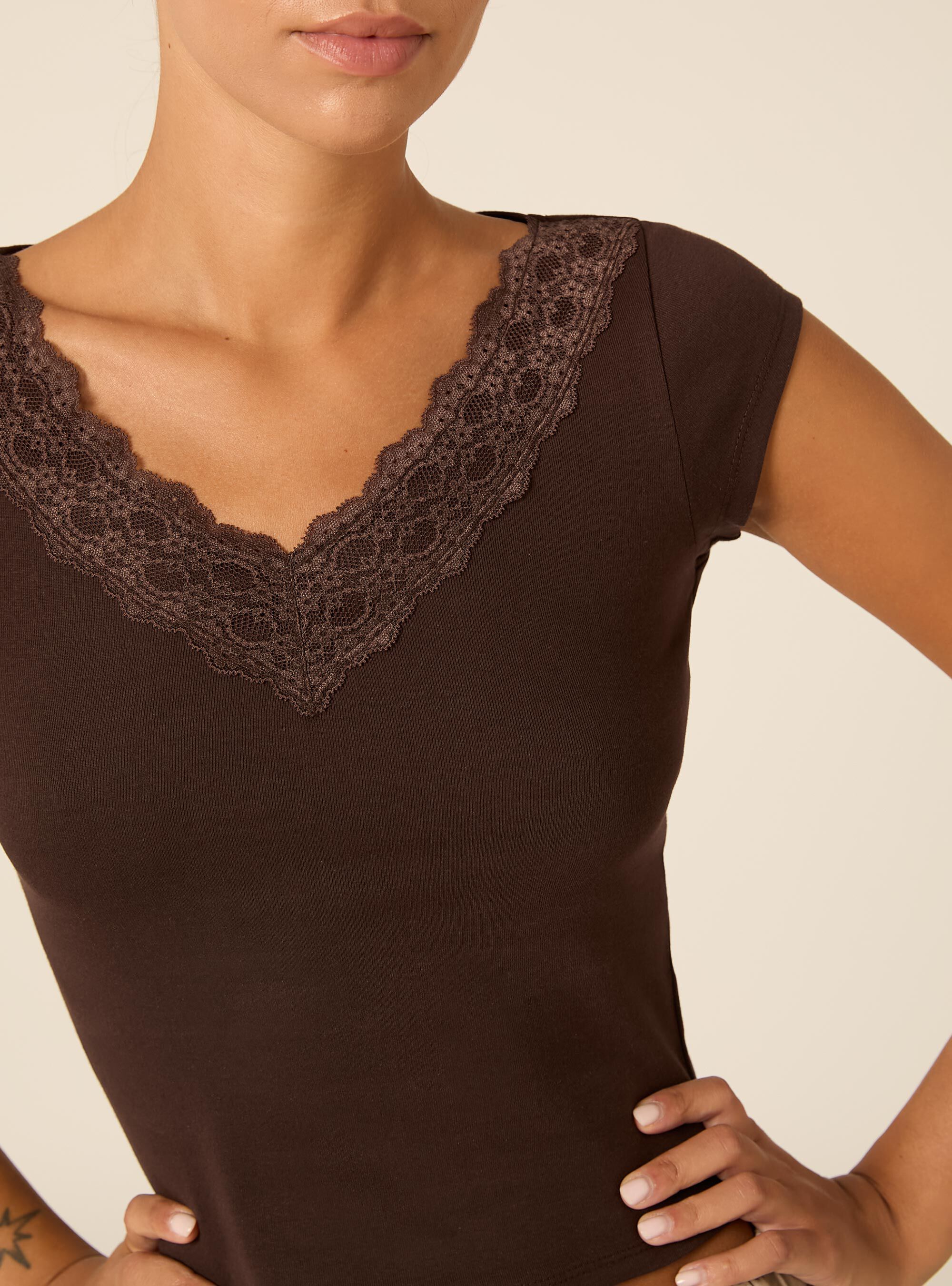T-shirt con scollo a v in pizzo, BR1 BROWN DARK
