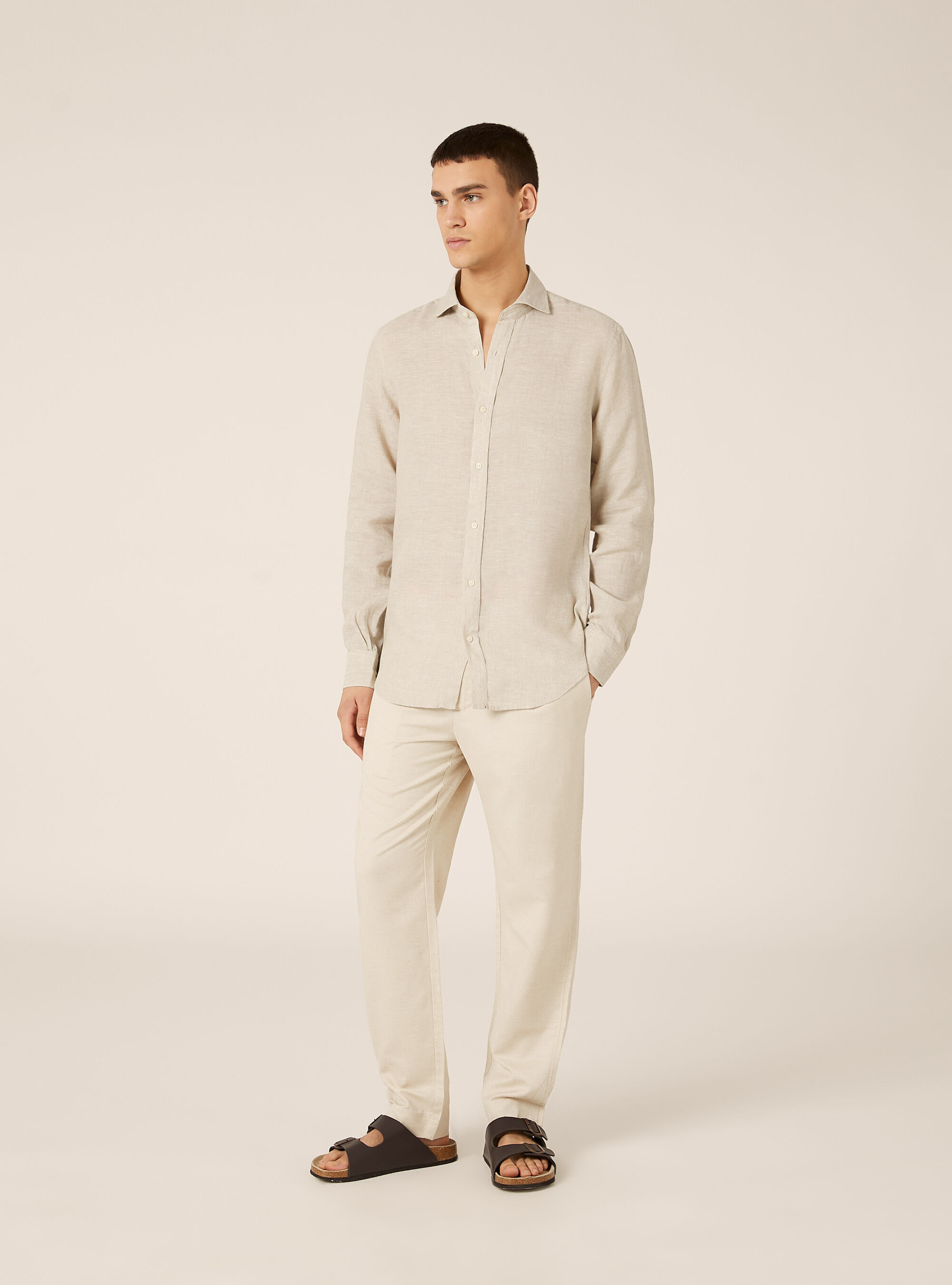 Camicia basica in lino, MSA2 SAND MEL MEDIUM