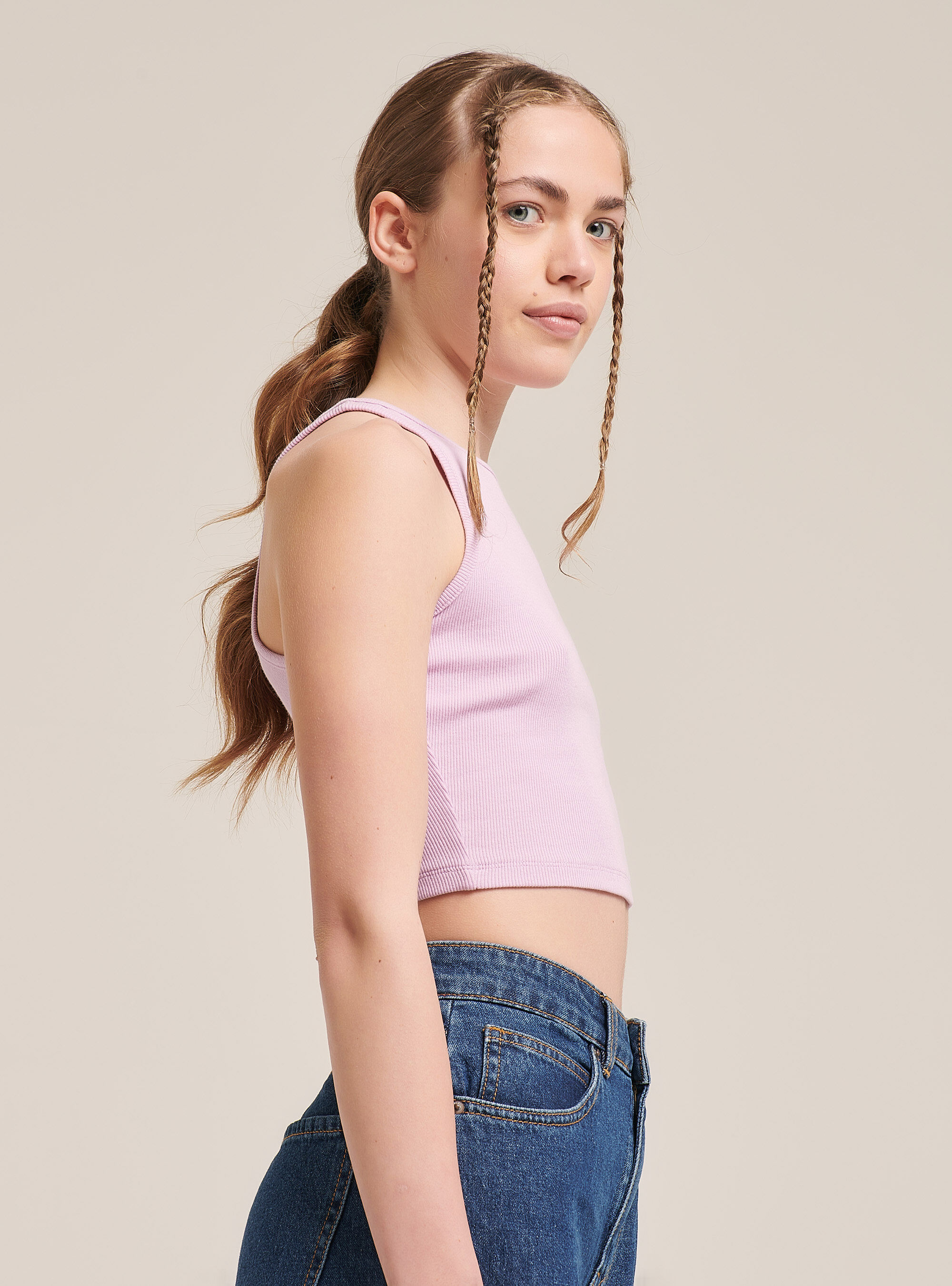 Elastic ribbed crop top in cotton, C3303 LILLAC